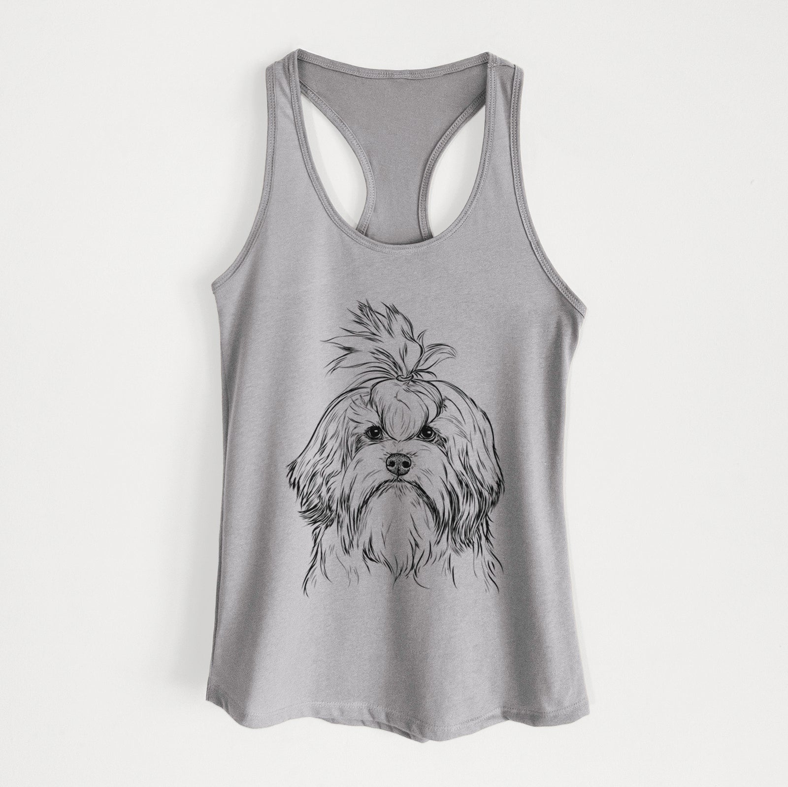 Hand-drawn sketch of Tootsie the Lowchen on a Heather Grey Women's racerback tanktop