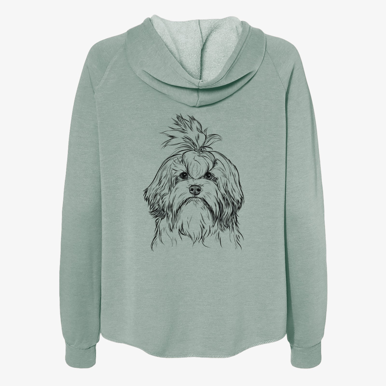 Hand-drawn sketch of Tootsie the Lowchen on a Sage Women's cali wave zip-up sweatshirt