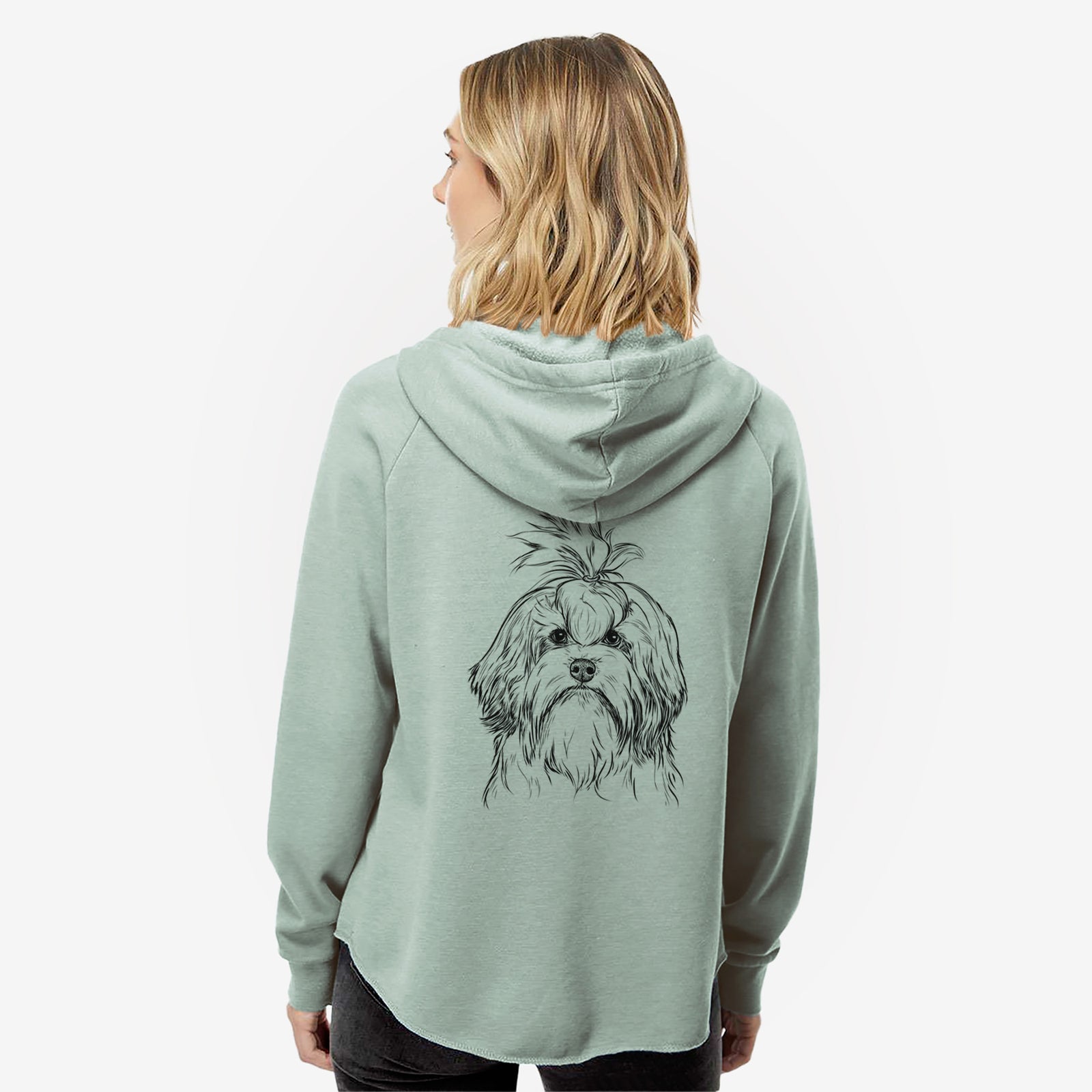 Hand-drawn sketch of Tootsie the Lowchen on a Sage Women's cali wave zip-up sweatshirt