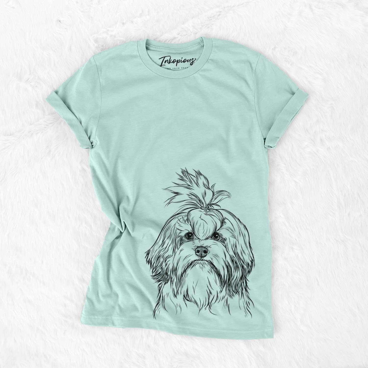 Hand-drawn sketch of Tootsie the Lowchen on a Heather Sage Bella Canvas Unisex Crewneck