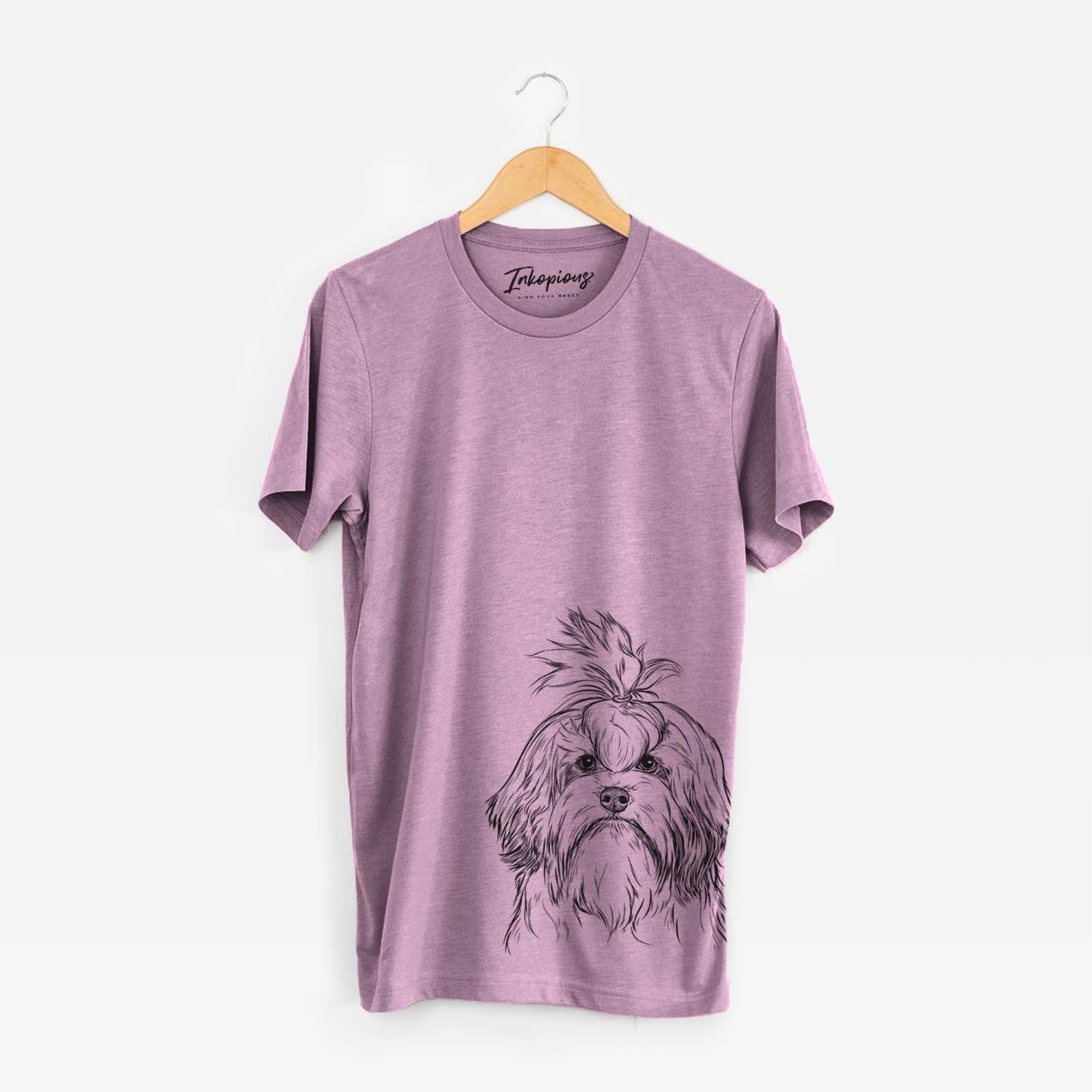 Hand-drawn sketch of Tootsie the Lowchen on an Orchid Bella Canvas Unisex Crewneck