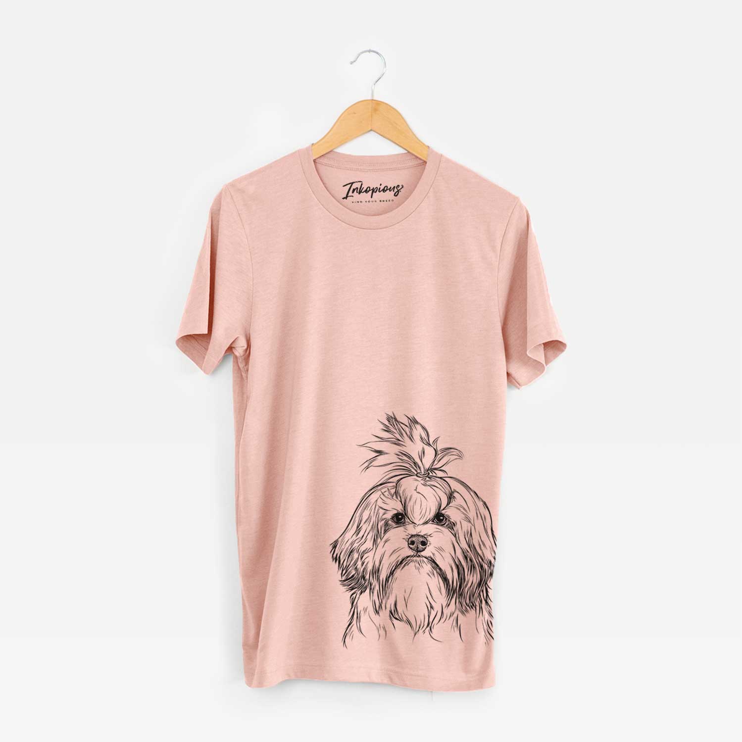 Hand-drawn sketch of Tootsie the Lowchen on a Peach Bella Canvas Unisex Crewneck