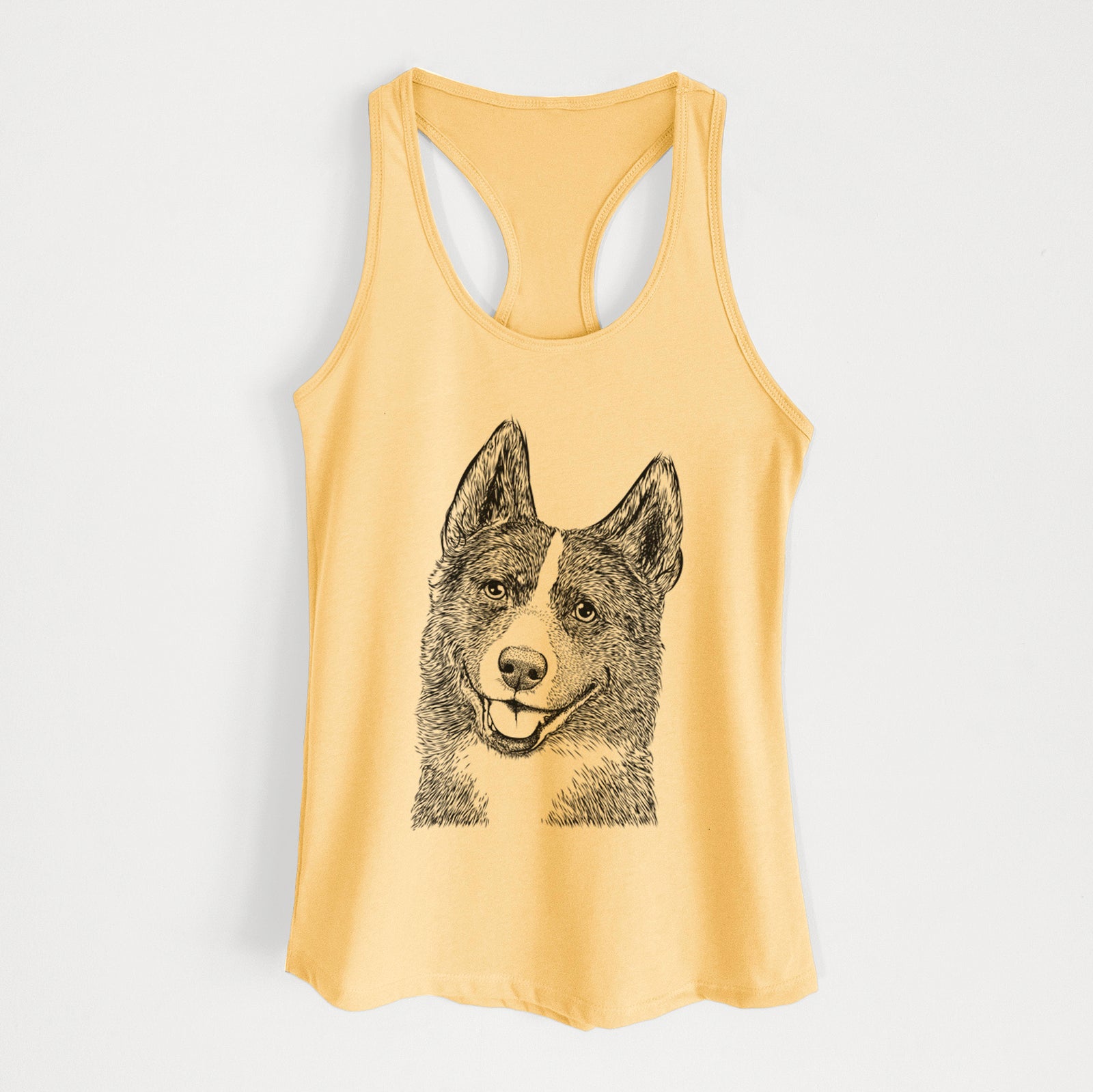 Hand-drawn sketch of Tosca the Karelian Bear Dog on a Banana Cream Women's racerback tanktop