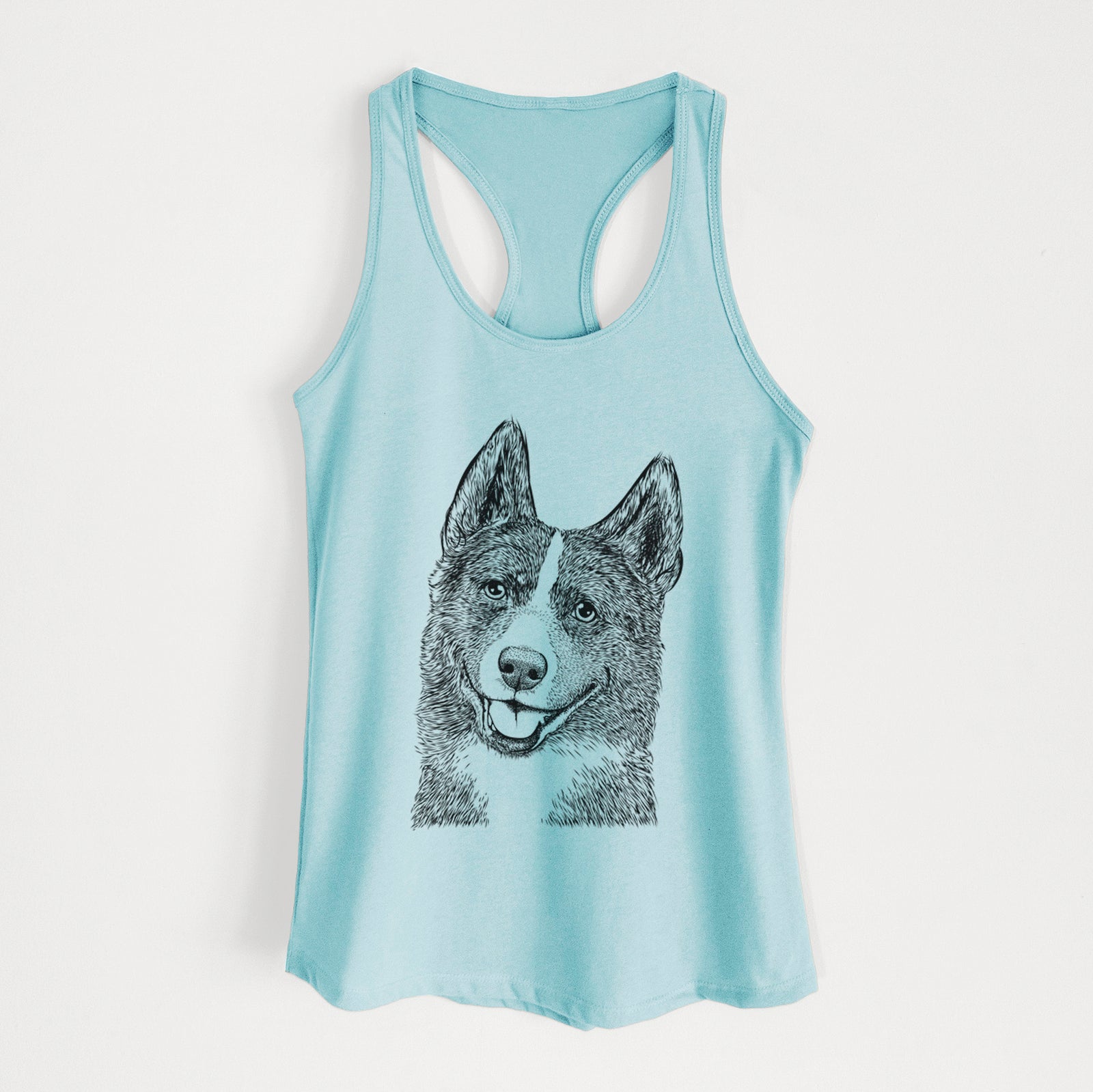 Hand-drawn sketch of Tosca the Karelian Bear Dog on a Cancun Blue Women's racerback tanktop