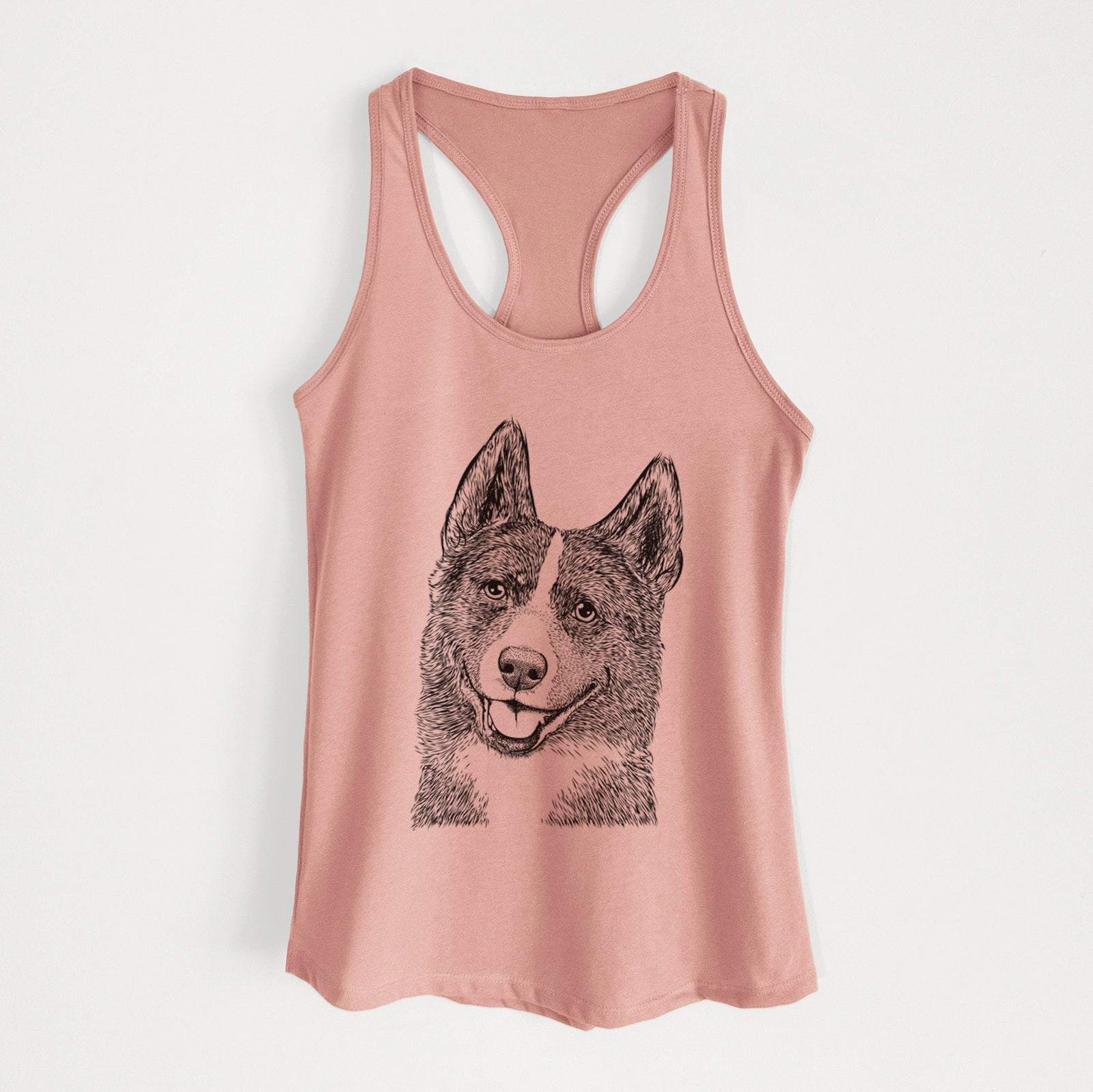 Hand-drawn sketch of Tosca the Karelian Bear Dog on a Desert Pink Women's racerback tanktop