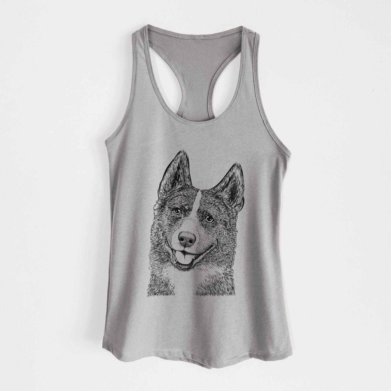 Hand-drawn sketch of Tosca the Karelian Bear Dog on a Heather Grey Women's racerback tanktop