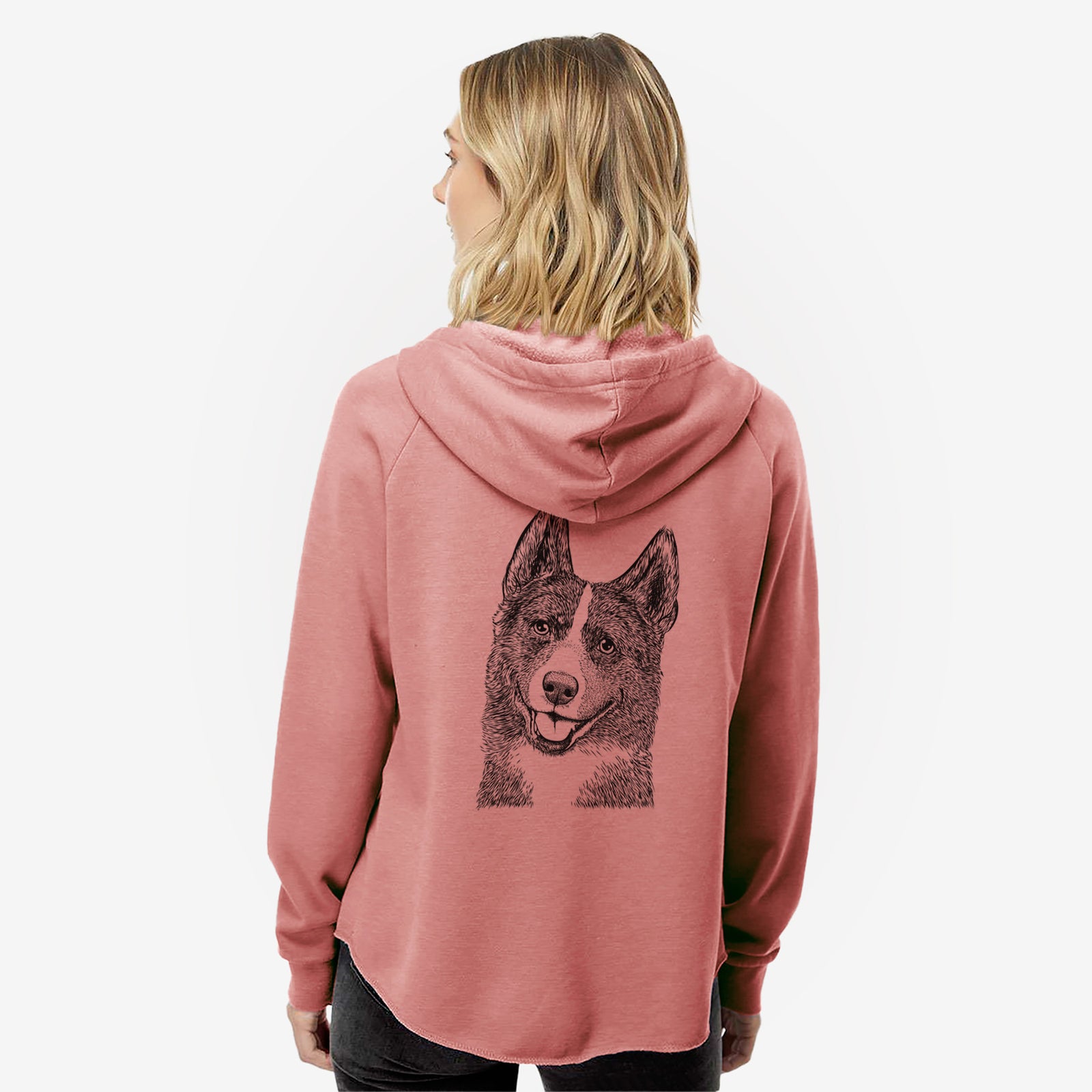Hand-drawn sketch of Tosca the Karelian Bear Dog on a Dusty Rose Women's cali wave zip-up sweatshirt