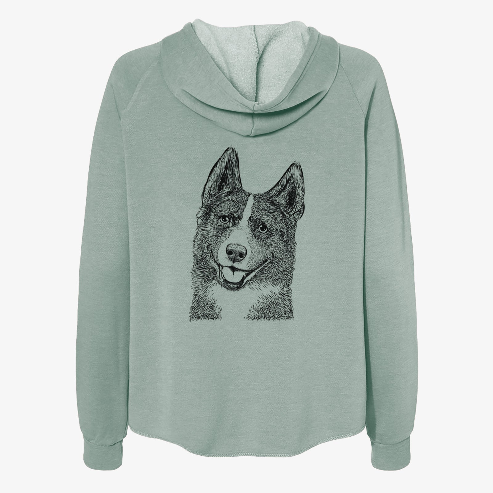 Hand-drawn sketch of Tosca the Karelian Bear Dog on a Sage Women's cali wave zip-up sweatshirt
