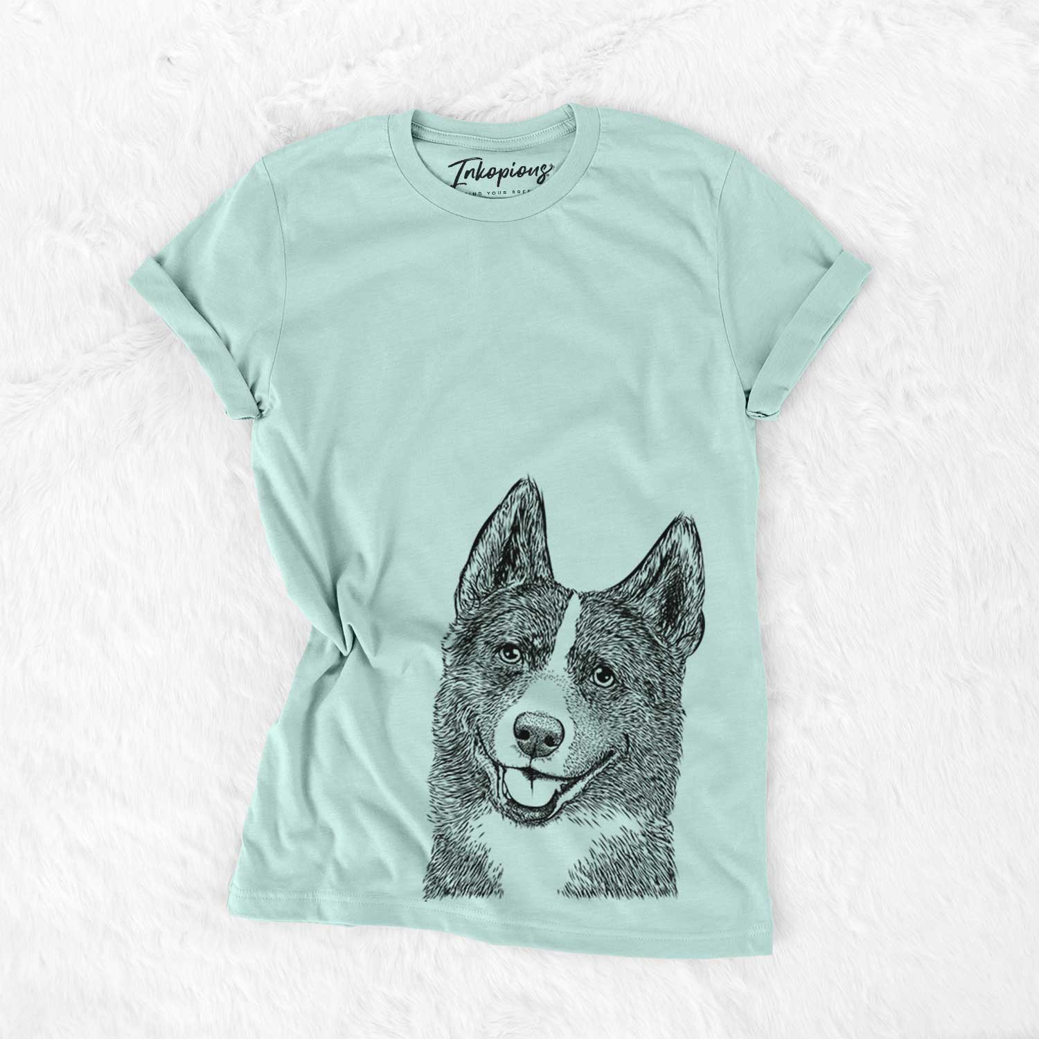 Hand-drawn sketch of Tosca the Karelian Bear Dog on a Heather Sage Bella Canvas Unisex Crewneck