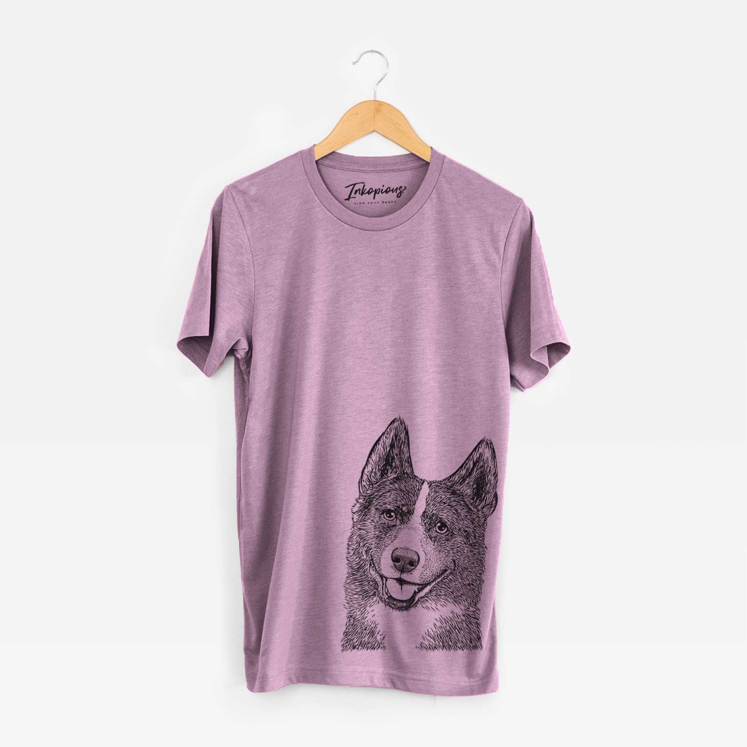 Hand-drawn sketch of Tosca the Karelian Bear Dog on an Orchid Bella Canvas Unisex Crewneck