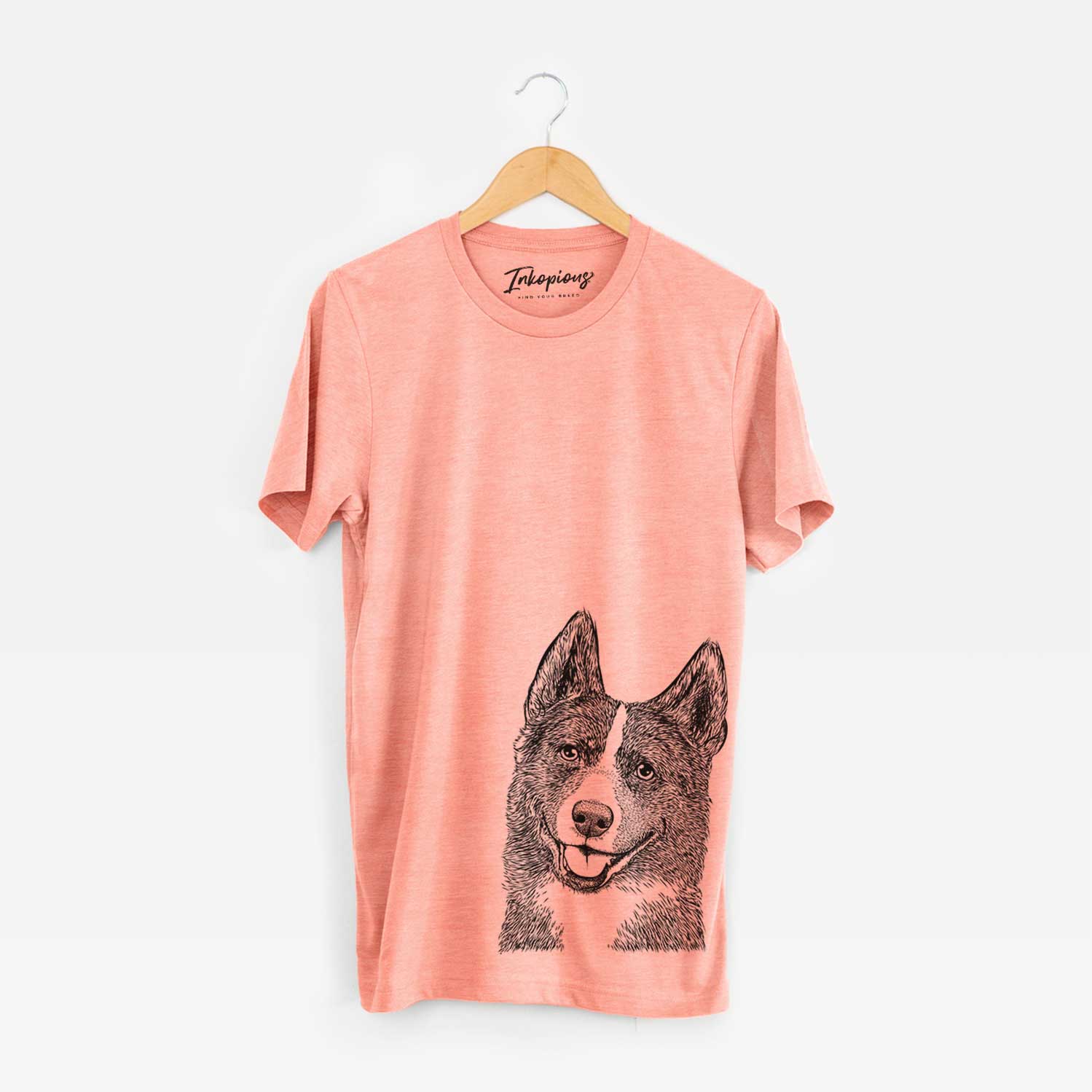Hand-drawn sketch of Tosca the Karelian Bear Dog on a Sunset Bella Canvas Unisex Crewneck