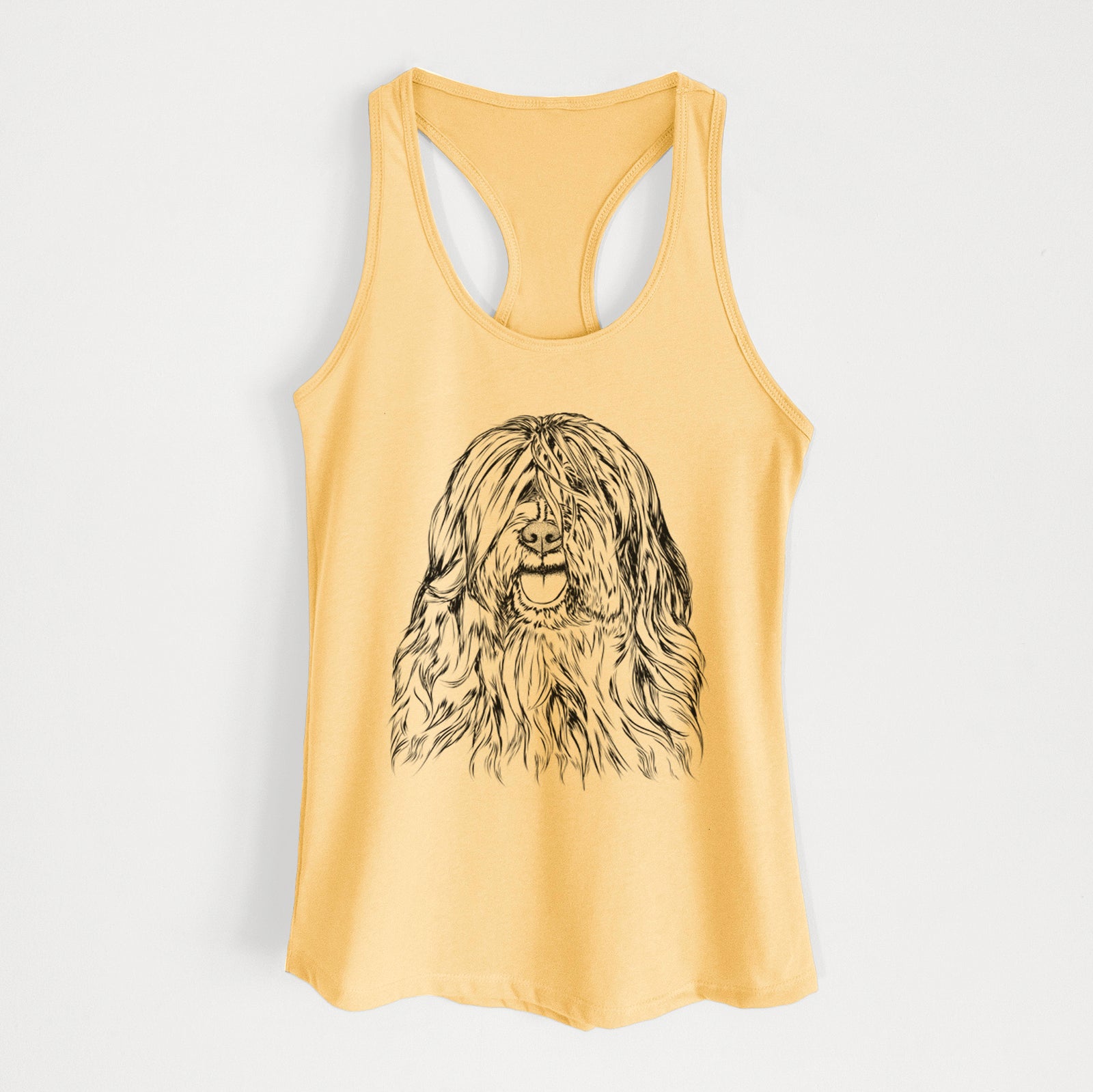 Hand-drawn sketch of Trinket the Tibetan Terrier on a Banana Cream Women's racerback tanktop