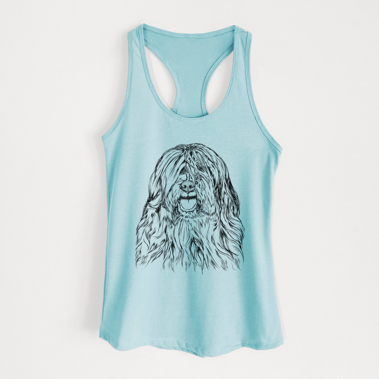 Hand-drawn sketch of Trinket the Tibetan Terrier on a Cancun Blue Women's racerback tanktop