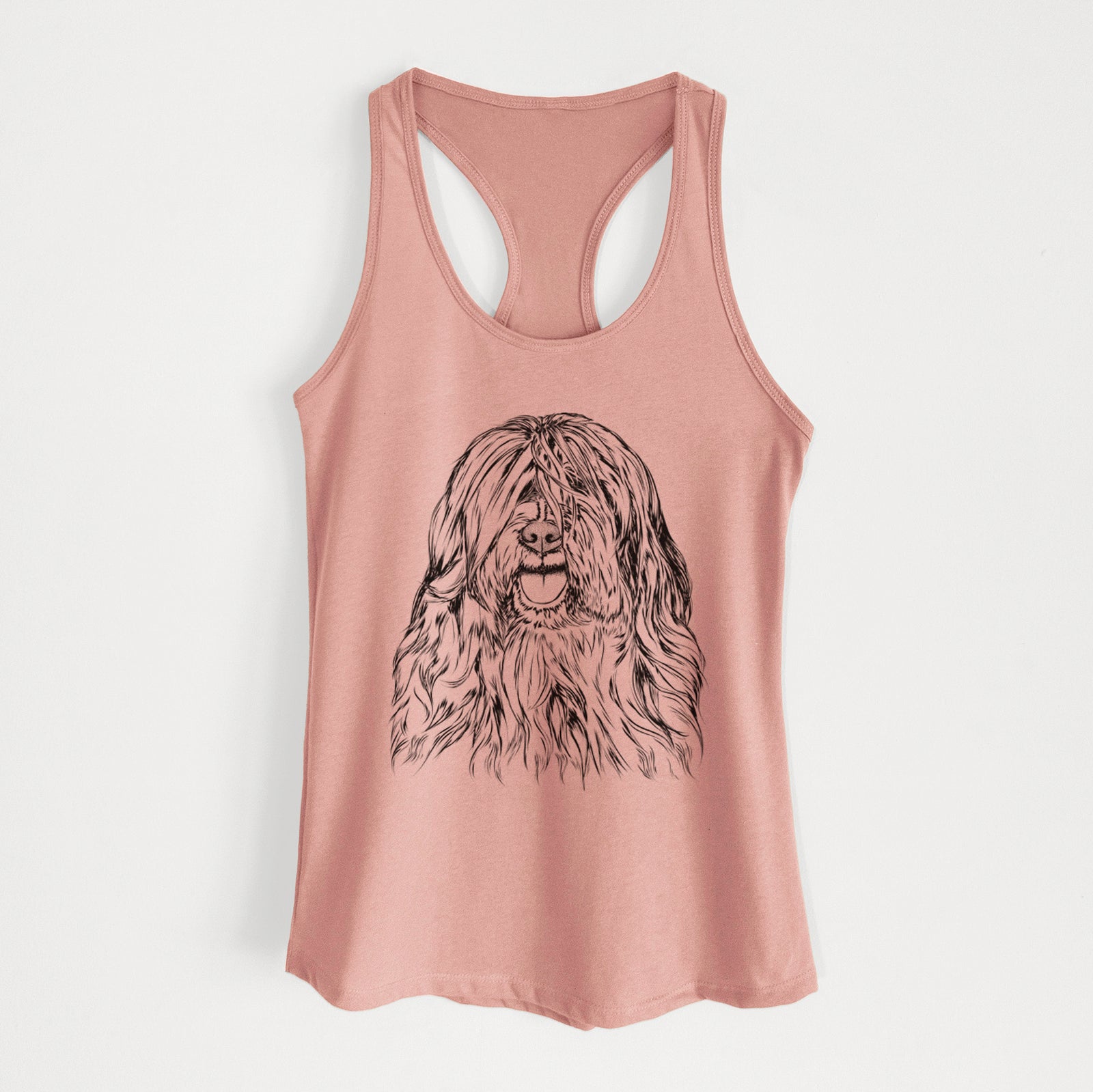 Hand-drawn sketch of Trinket the Tibetan Terrier on a Desert Pink Women's racerback tanktop