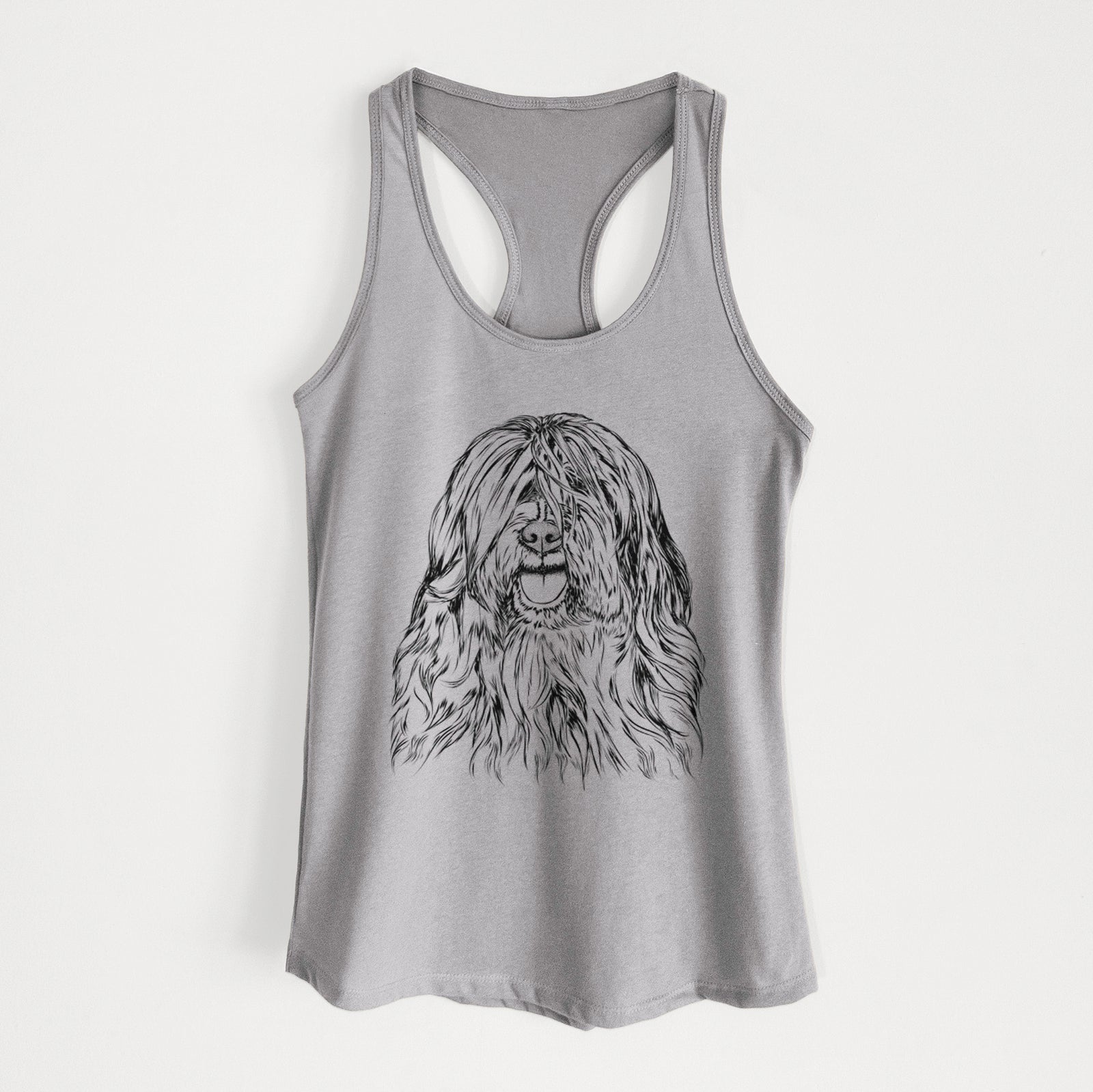 Hand-drawn sketch of Trinket the Tibetan Terrier on a Heather Grey Women's racerback tanktop