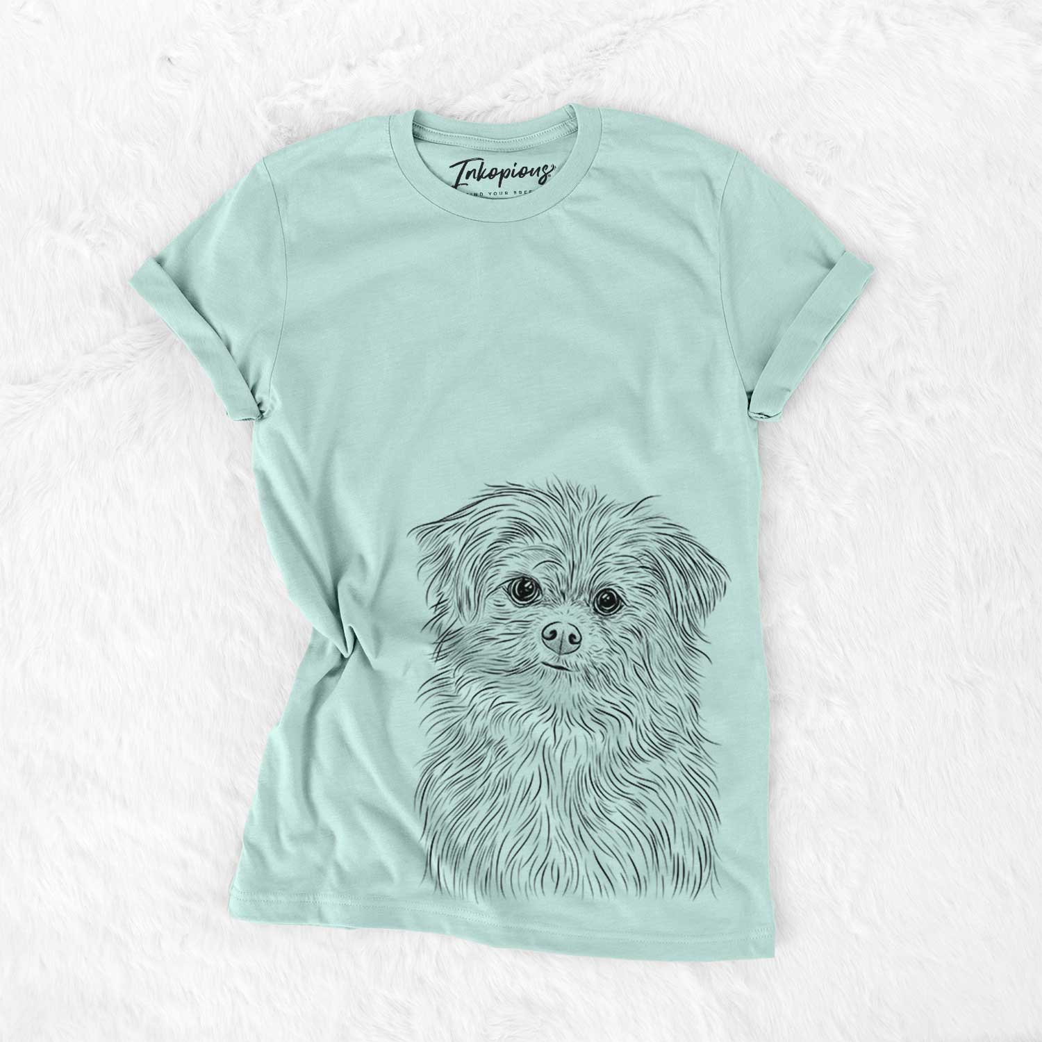 Hand-drawn sketch of Trixie the Terrier Mix on a Heather Sage Bella Canvas Unisex Crewneck