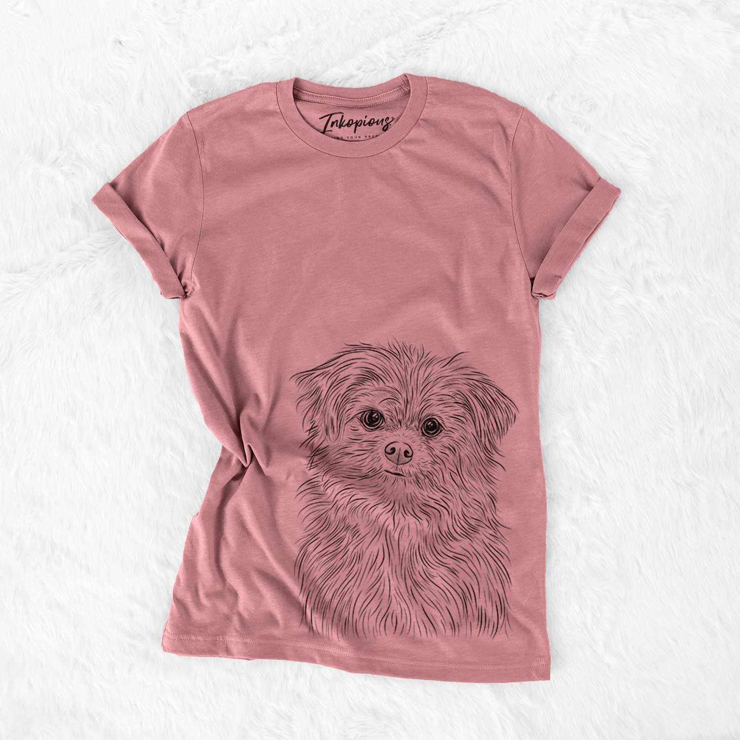 Hand-drawn sketch of Trixie the Terrier Mix on a Mauve Bella Canvas Unisex Crewneck