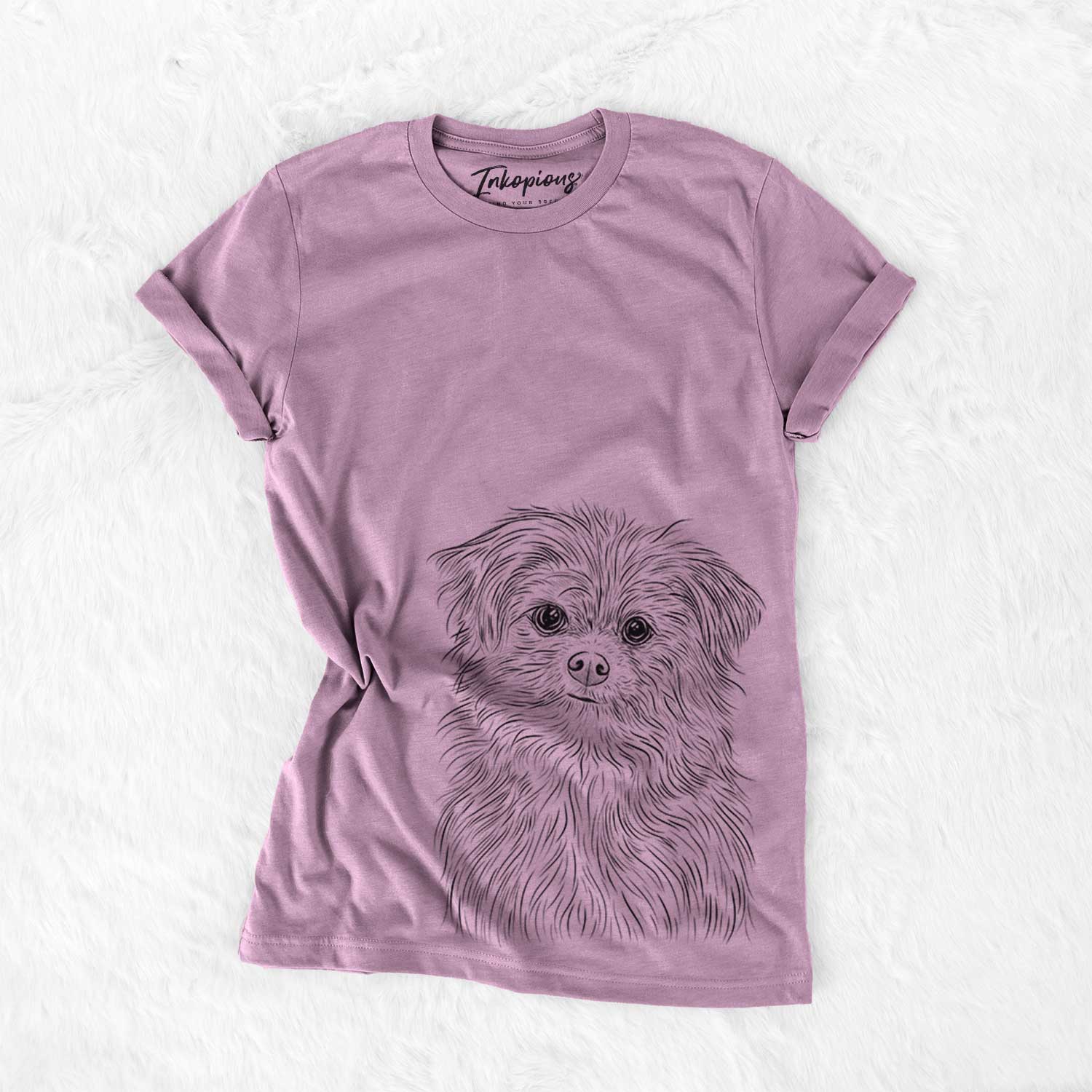 Hand-drawn sketch of Trixie the Terrier Mix on an Orchid Bella Canvas Unisex Crewneck
