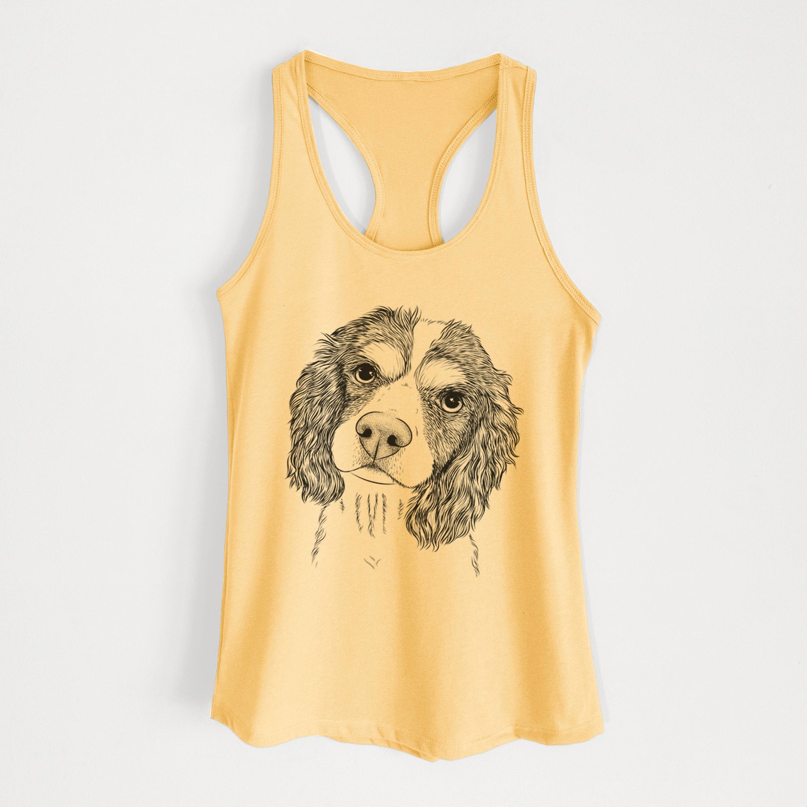 Hand-drawn sketch of Truman the Cavalier King Charles Spaniel on a Banana Cream Women's racerback tanktop