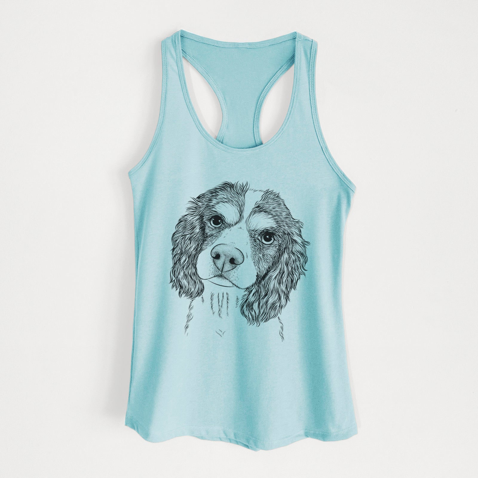 Hand-drawn sketch of Truman the Cavalier King Charles Spaniel on a Cancun Blue Women's racerback tanktop