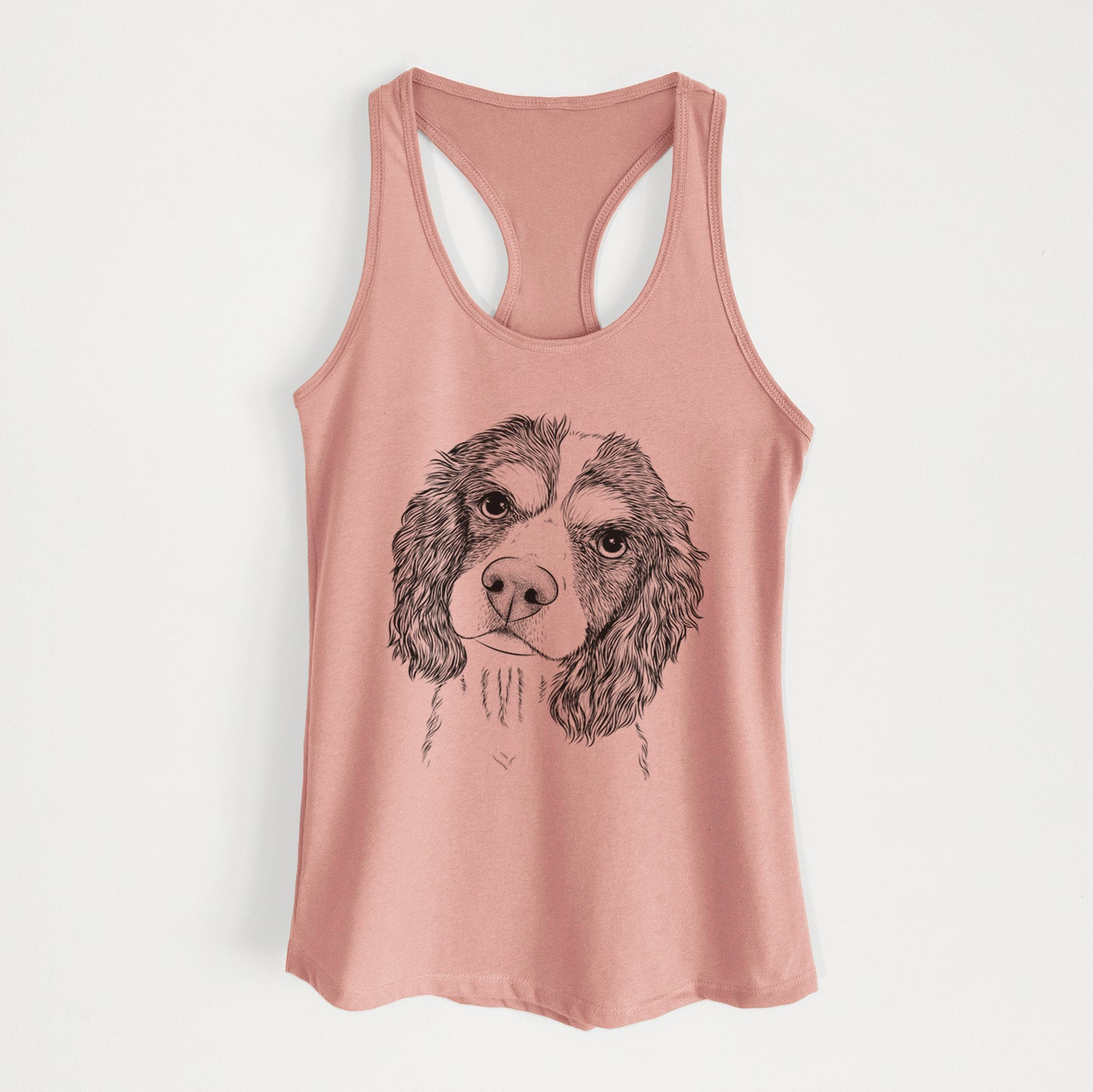 Hand-drawn sketch of Truman the Cavalier King Charles Spaniel on a Desert Pink Women's racerback tanktop