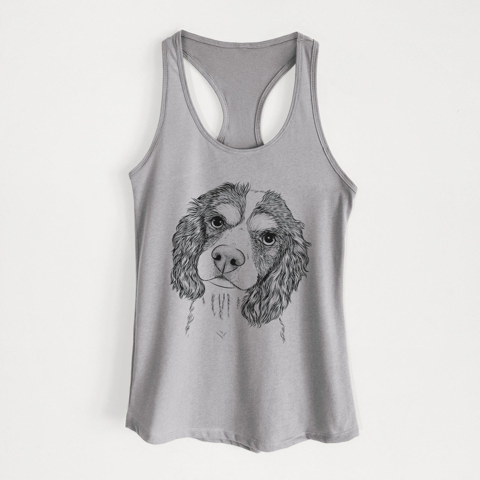 Hand-drawn sketch of Truman the Cavalier King Charles Spaniel on a Heather Grey Women's racerback tanktop