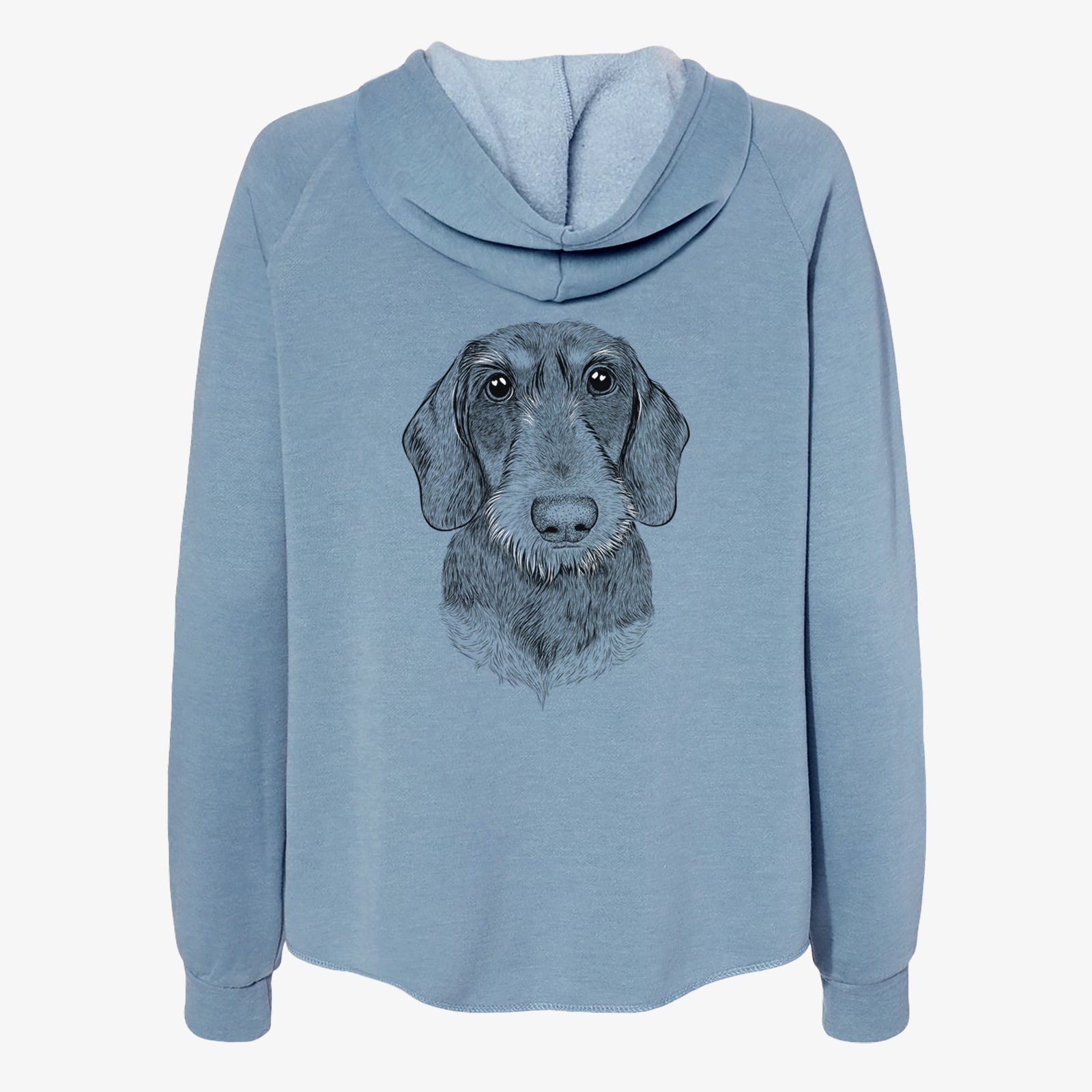 Hand-drawn sketch of Truman the Wirehaired Dachshund on a Misty Blue Women's cali wave zip-up sweatshirt