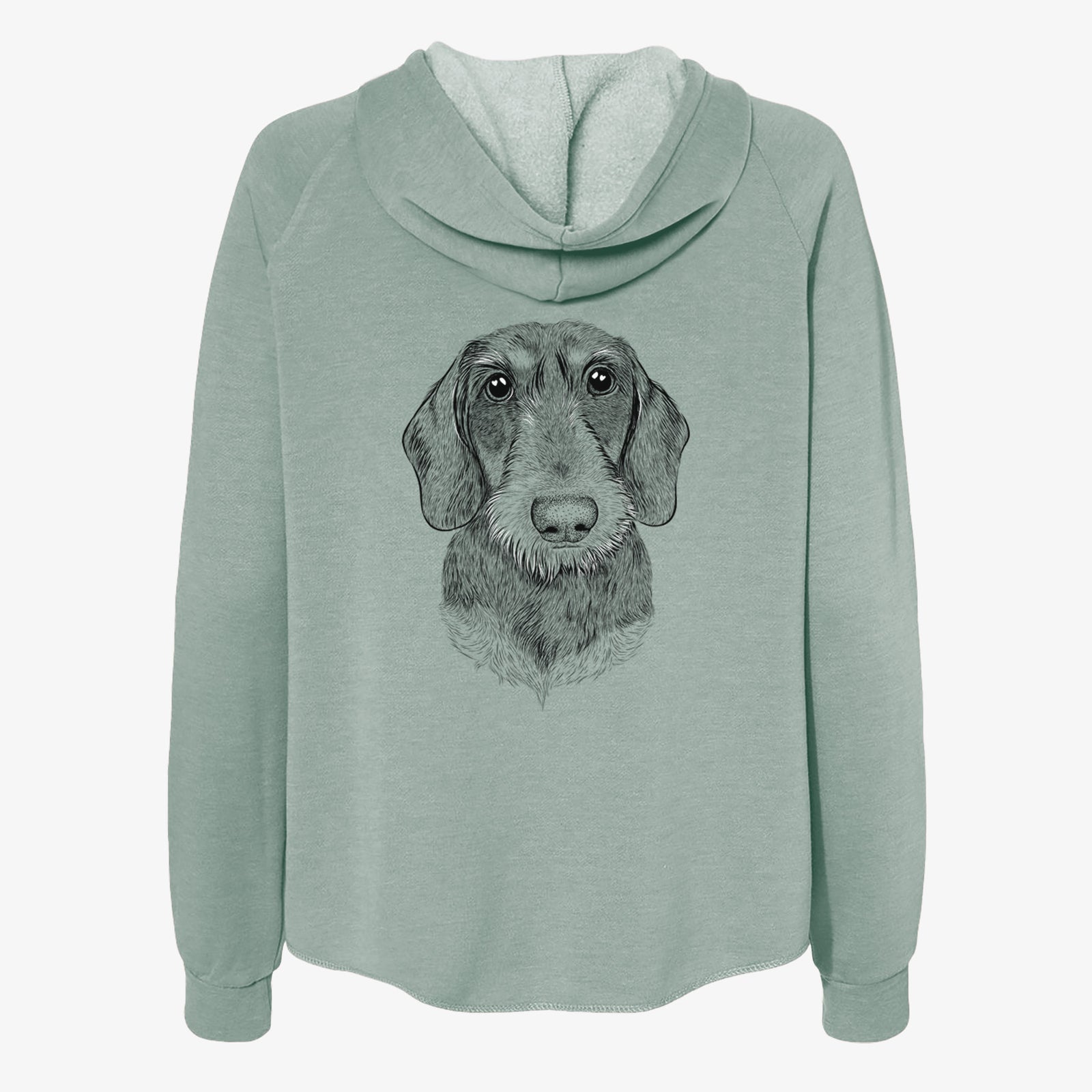Hand-drawn sketch of Truman the Wirehaired Dachshund on a Sage Women's cali wave zip-up sweatshirt