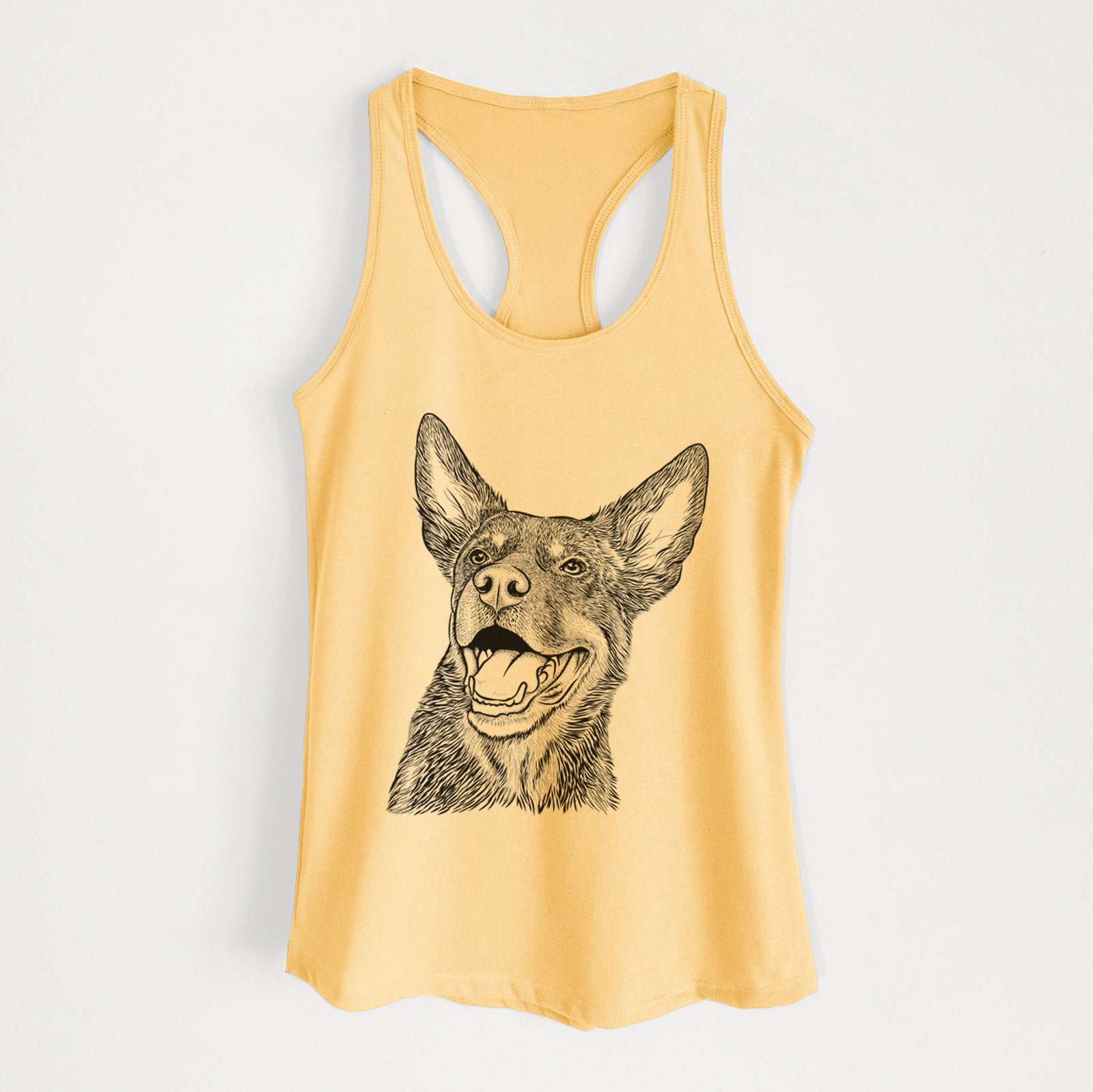 Hand-drawn sketch of Tucker the Australian Kelpie on a Banana Cream Women's racerback tanktop