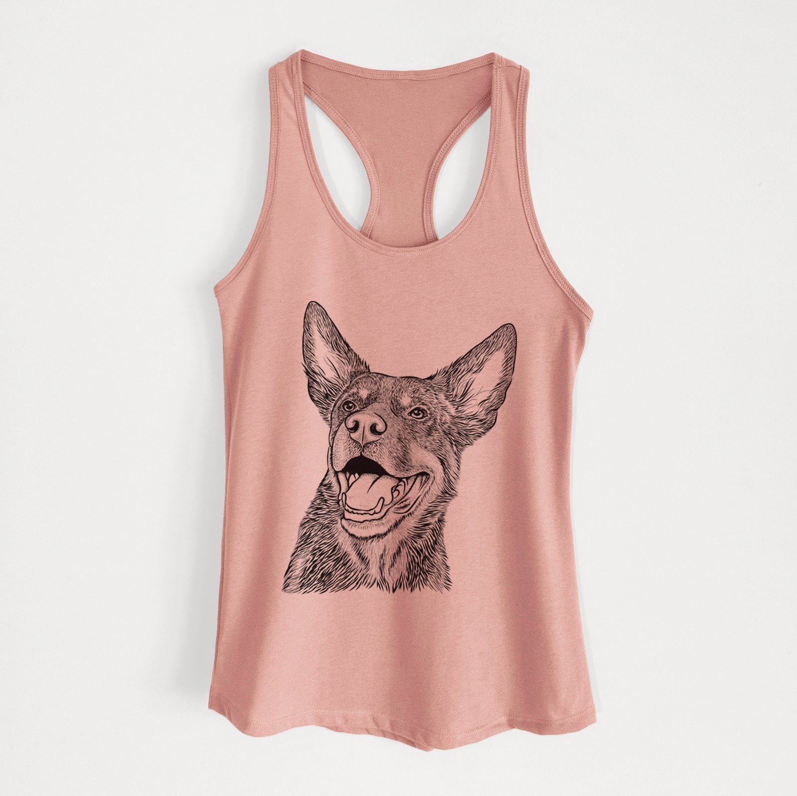 Hand-drawn sketch of Tucker the Australian Kelpie on a Desert Pink Women's racerback tanktop