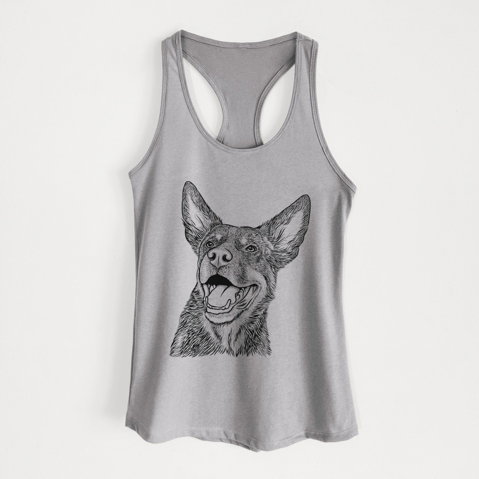 Hand-drawn sketch of Tucker the Australian Kelpie on a Heather Grey Women's racerback tanktop