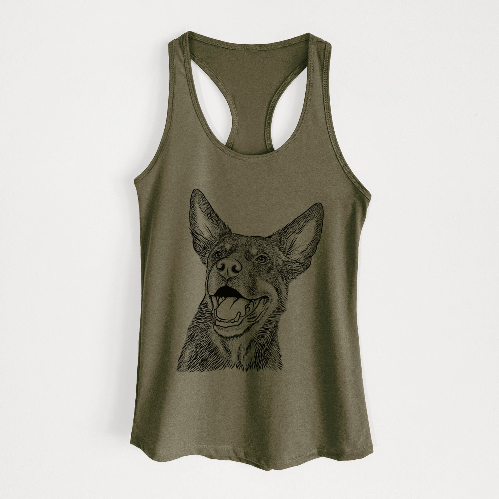 Hand-drawn sketch of Tucker the Australian Kelpie on a Military Green Women's racerback tanktop
