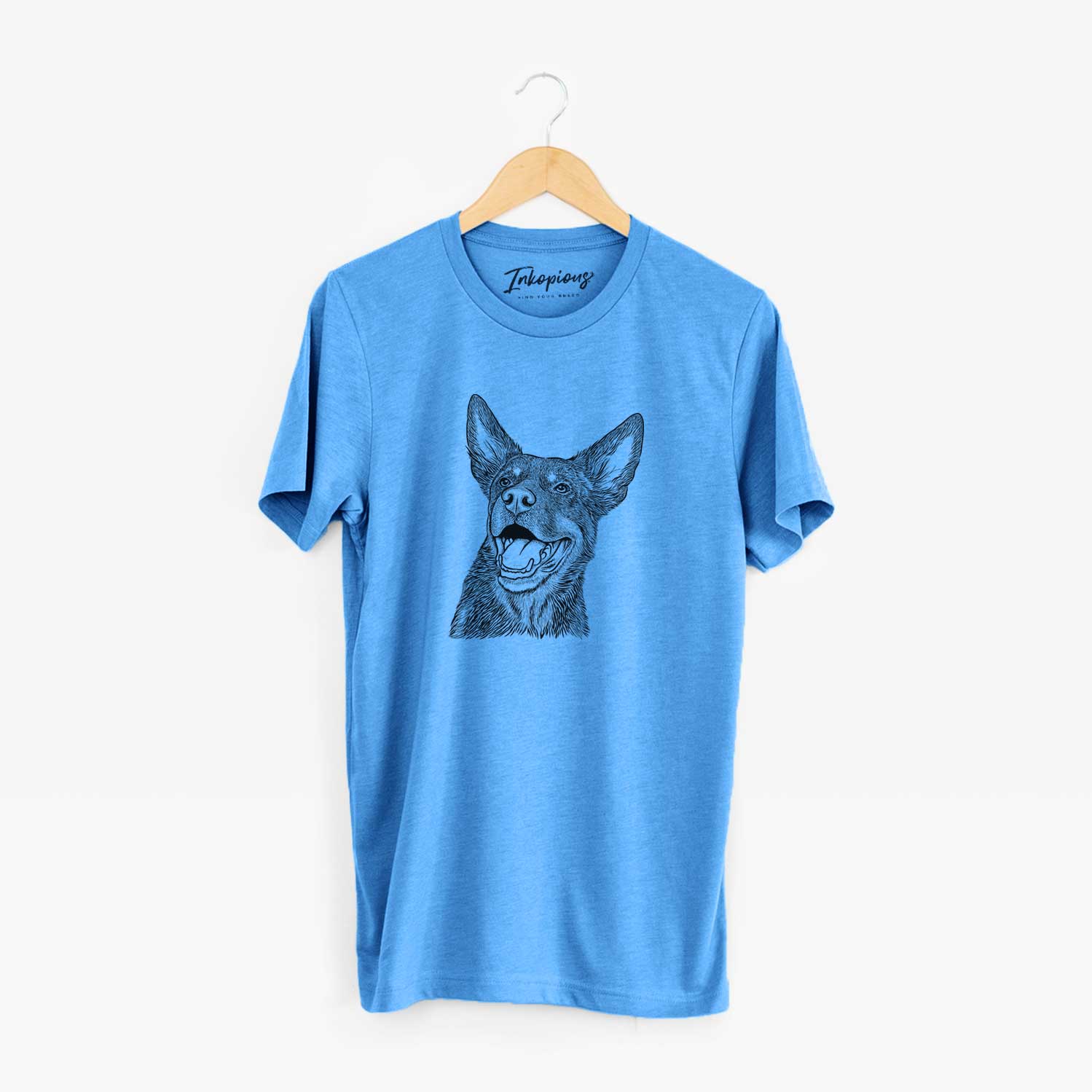 Hand-drawn sketch of Tucker the Australian Kelpie on a Blue Unisex crewneck