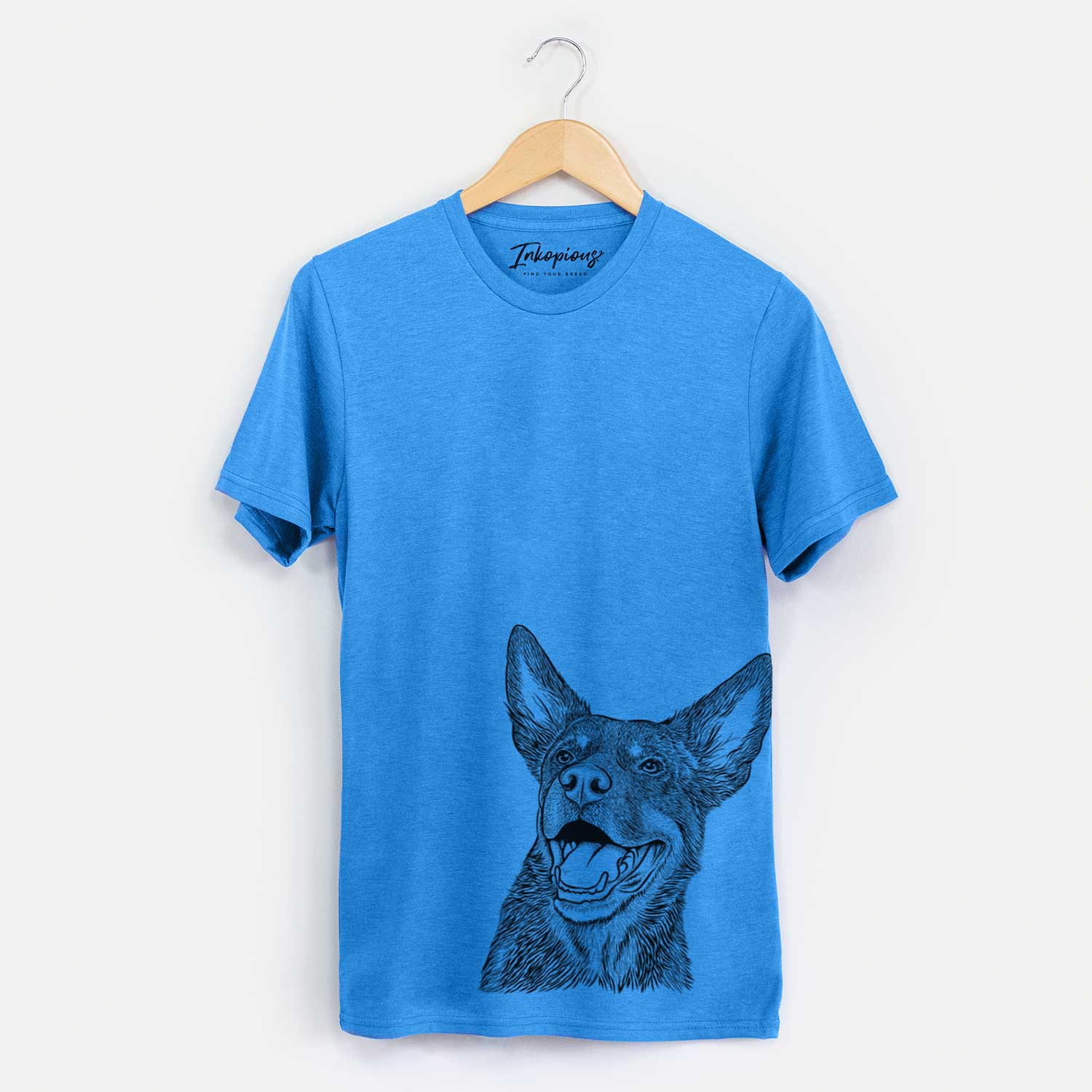 Hand-drawn sketch of Tucker the Australian Kelpie on a Blue Unisex crewneck