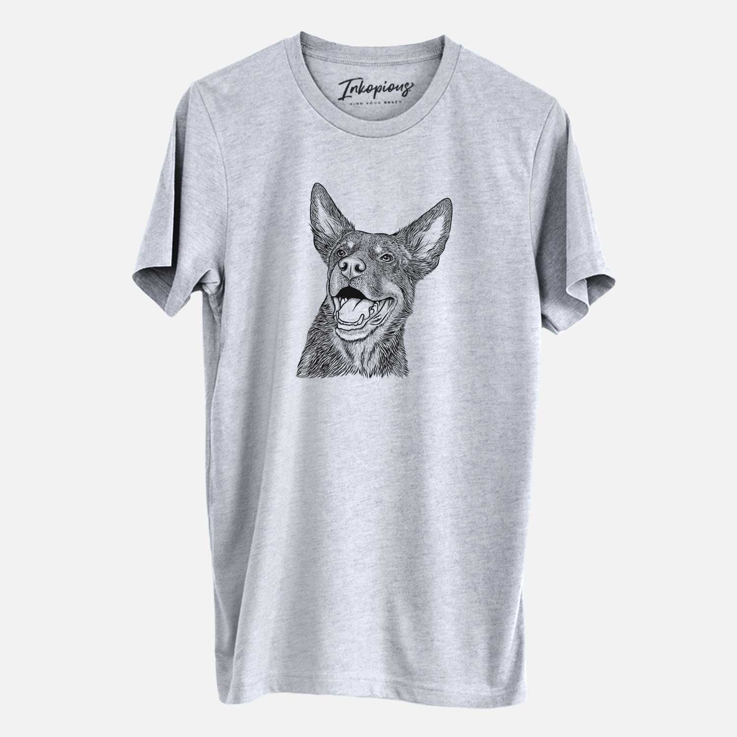Hand-drawn sketch of Tucker the Australian Kelpie on a Grey Unisex crewneck