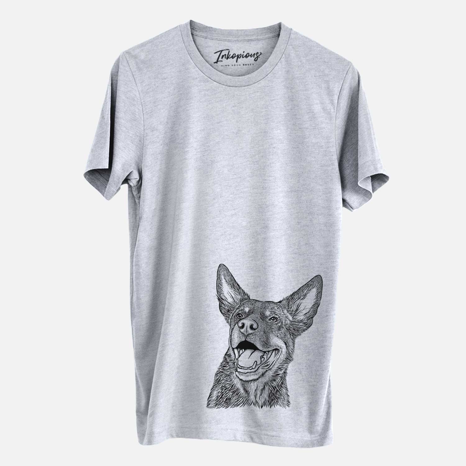 Hand-drawn sketch of Tucker the Australian Kelpie on a Grey Unisex crewneck