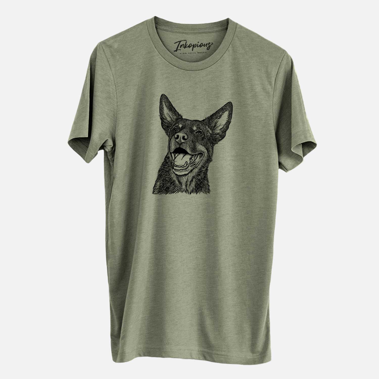 Hand-drawn sketch of Tucker the Australian Kelpie on an Olive Unisex crewneck