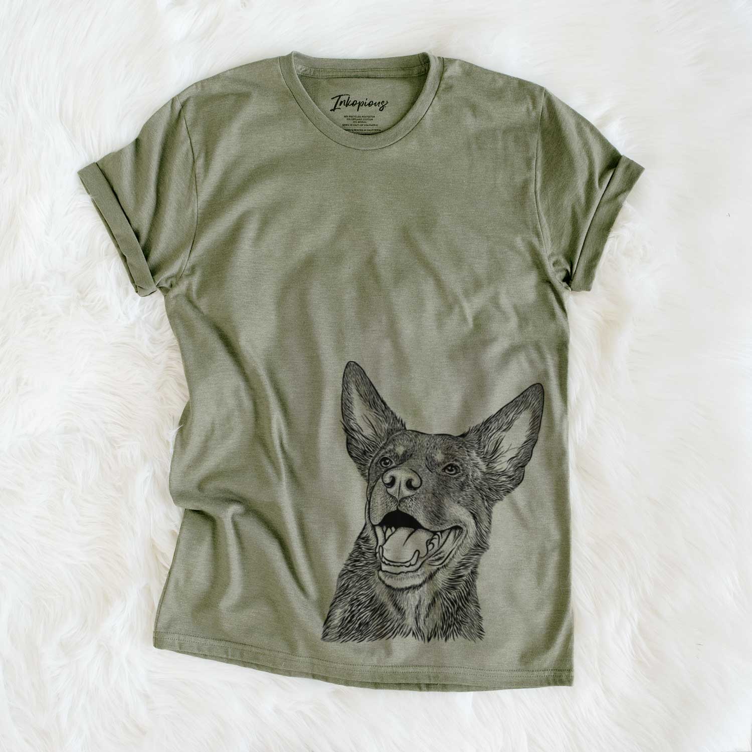 Hand-drawn sketch of Tucker the Australian Kelpie on an Olive Unisex crewneck