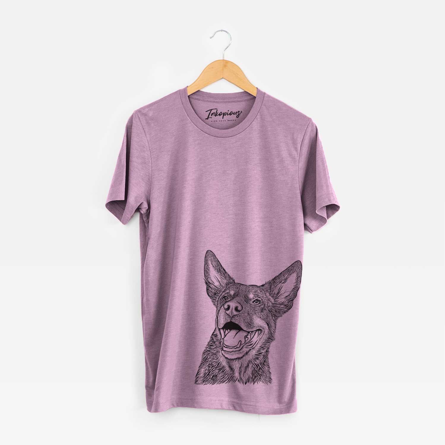Hand-drawn sketch of Tucker the Australian Kelpie on an Orchid Bella Canvas Unisex Crewneck