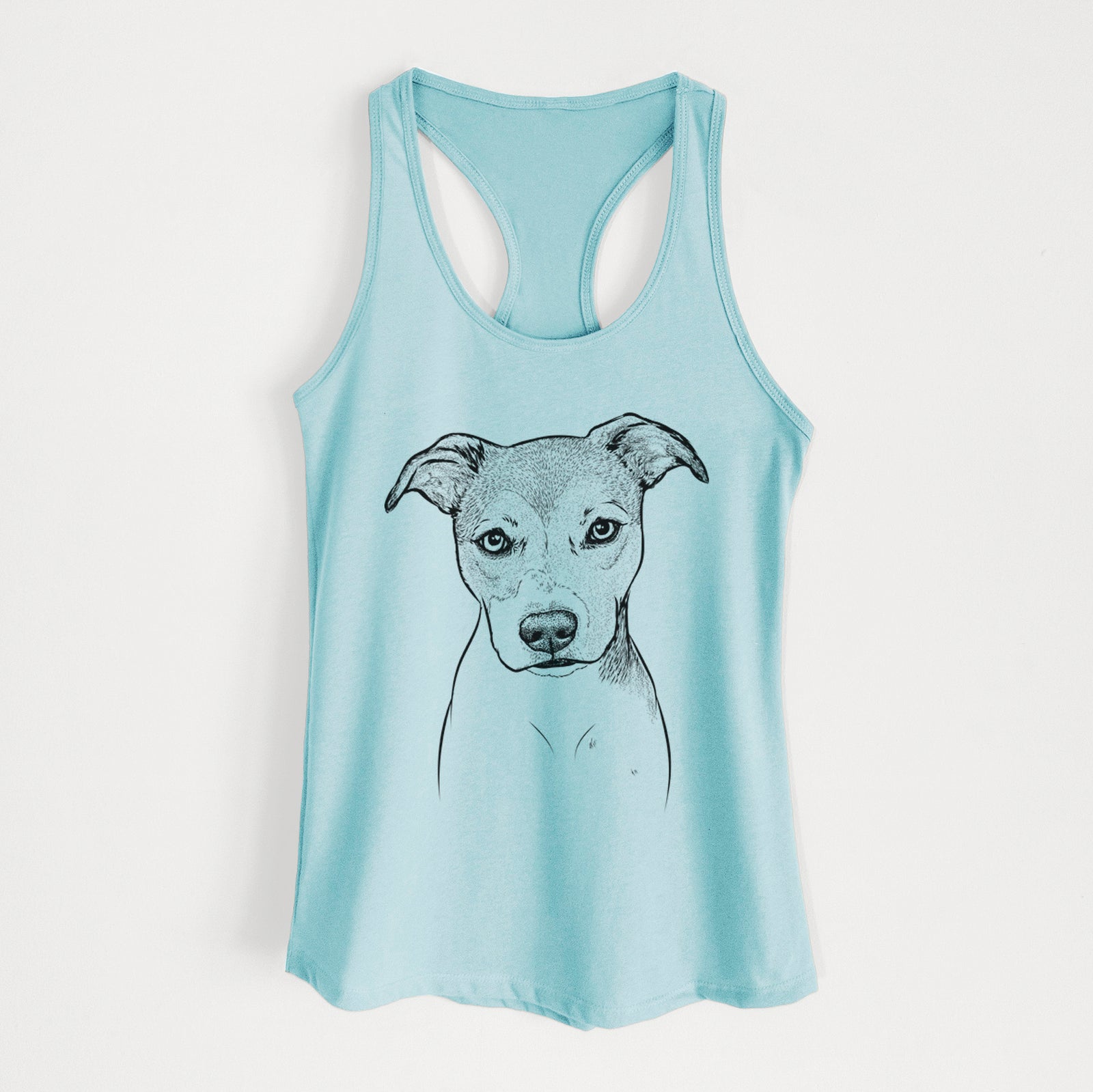 Hand-drawn sketch of Tula the American Staffordshire Terrier Heeler Mix on a Cancun Blue Women's racerback tanktop