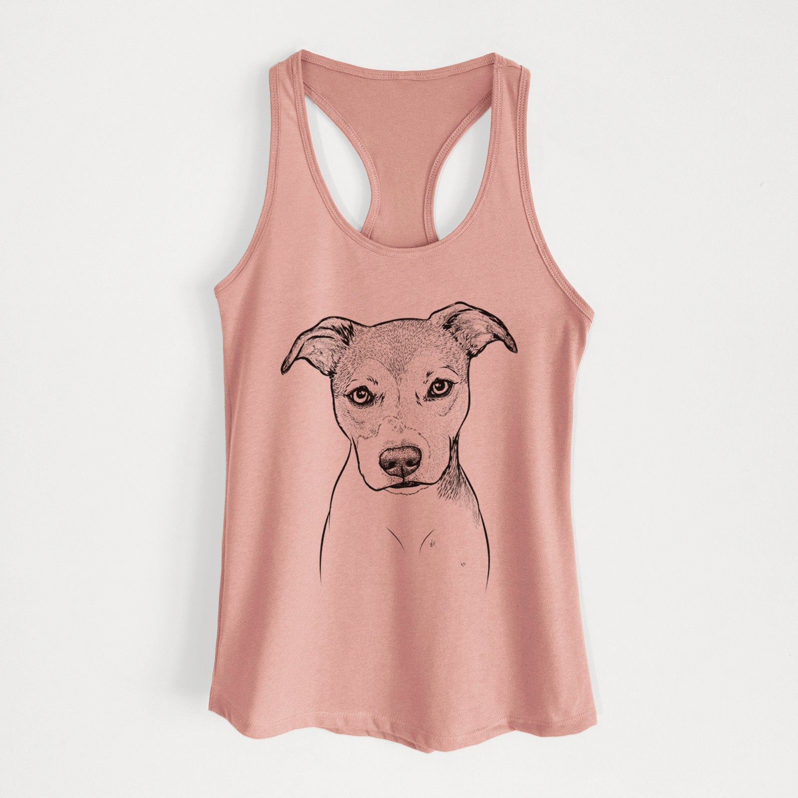 Hand-drawn sketch of Tula the American Staffordshire Terrier Heeler Mix on a Desert Pink Women's racerback tanktop