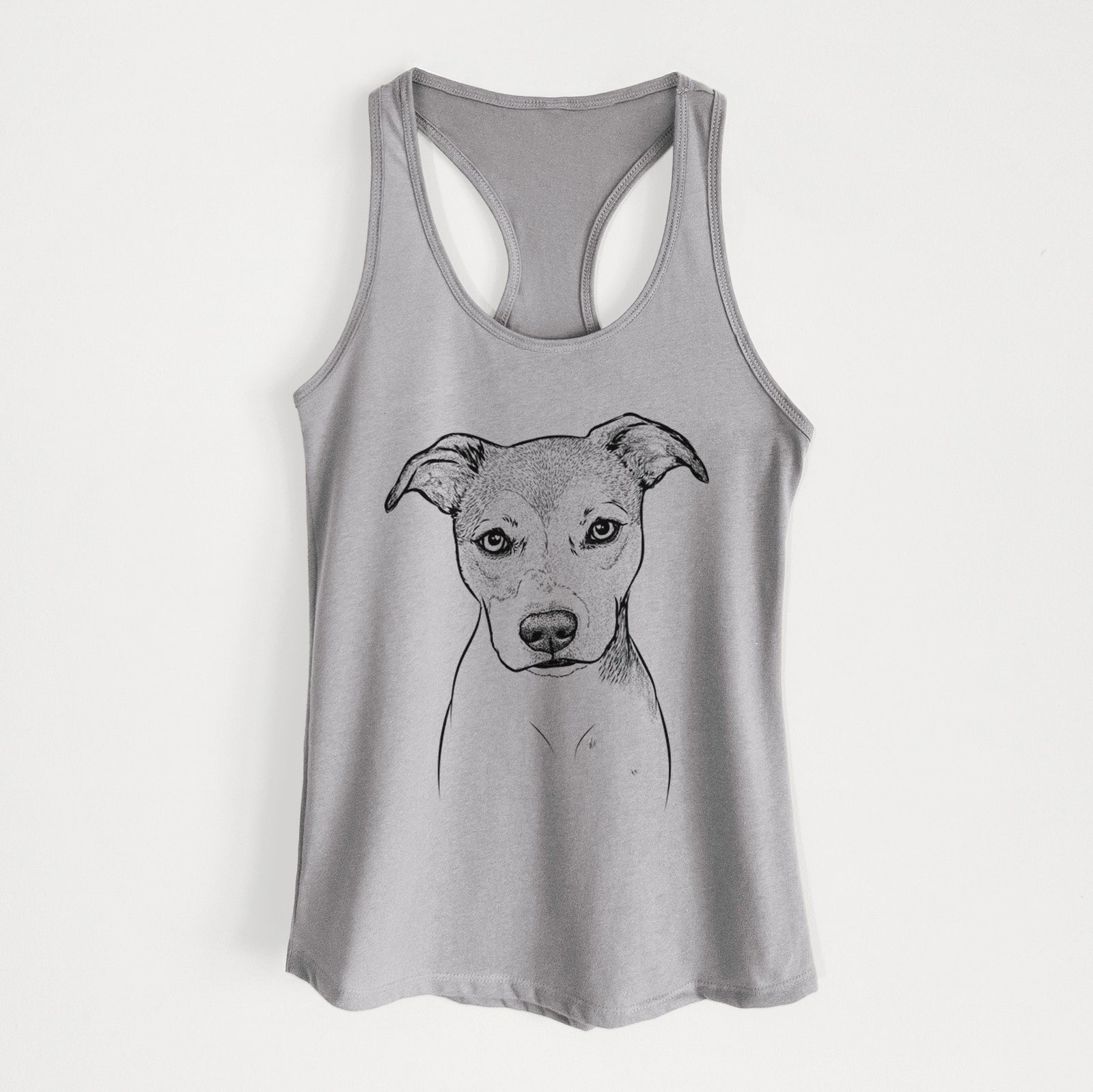 Hand-drawn sketch of Tula the American Staffordshire Terrier Heeler Mix on a Heather Grey Women's racerback tanktop