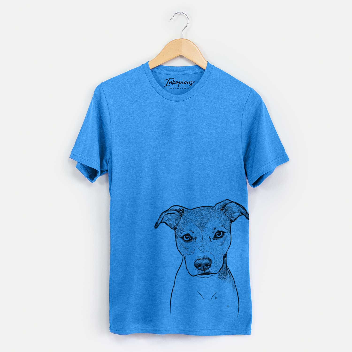 Hand-drawn sketch of Tula the American Staffordshire Terrier Heeler Mix on a Blue Unisex crewneck