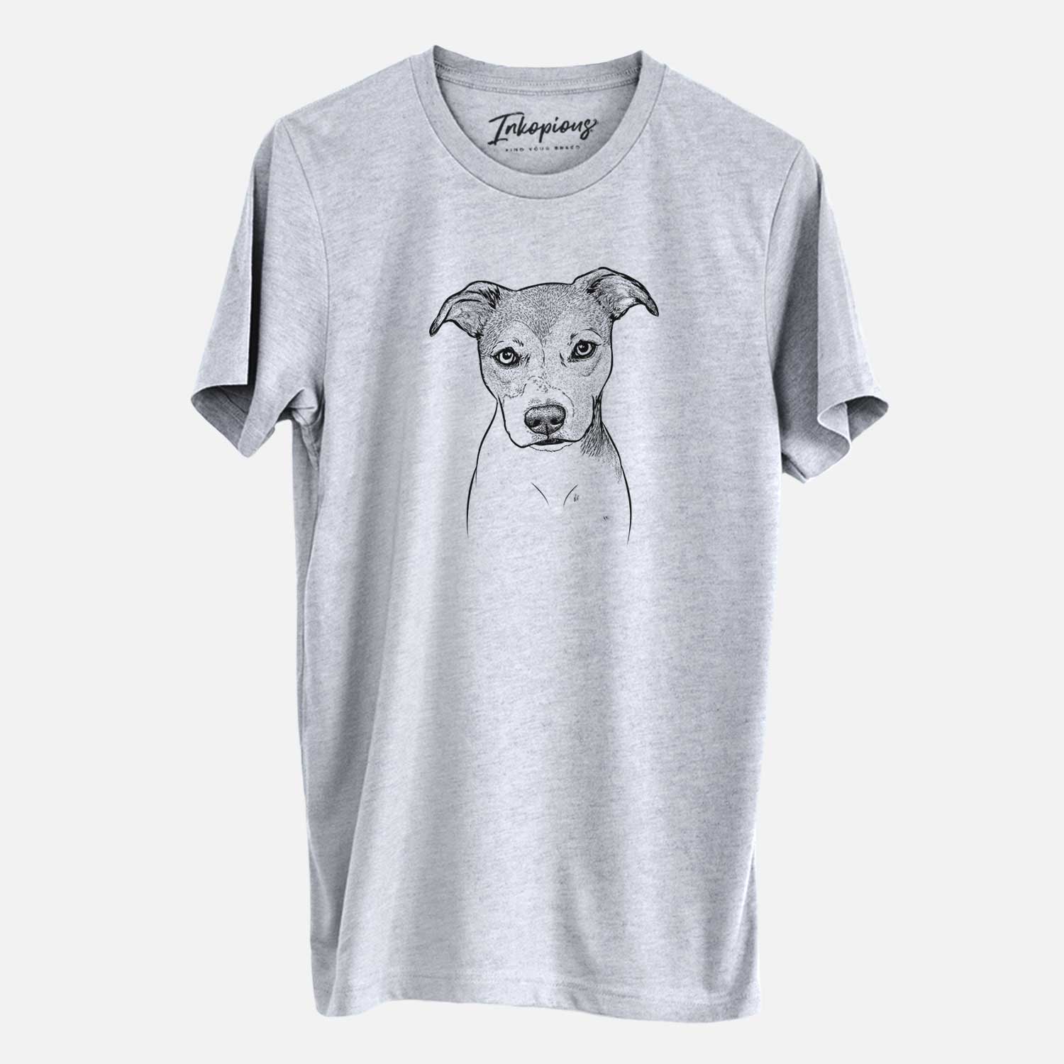 Hand-drawn sketch of Tula the American Staffordshire Terrier Heeler Mix on a Grey Unisex crewneck