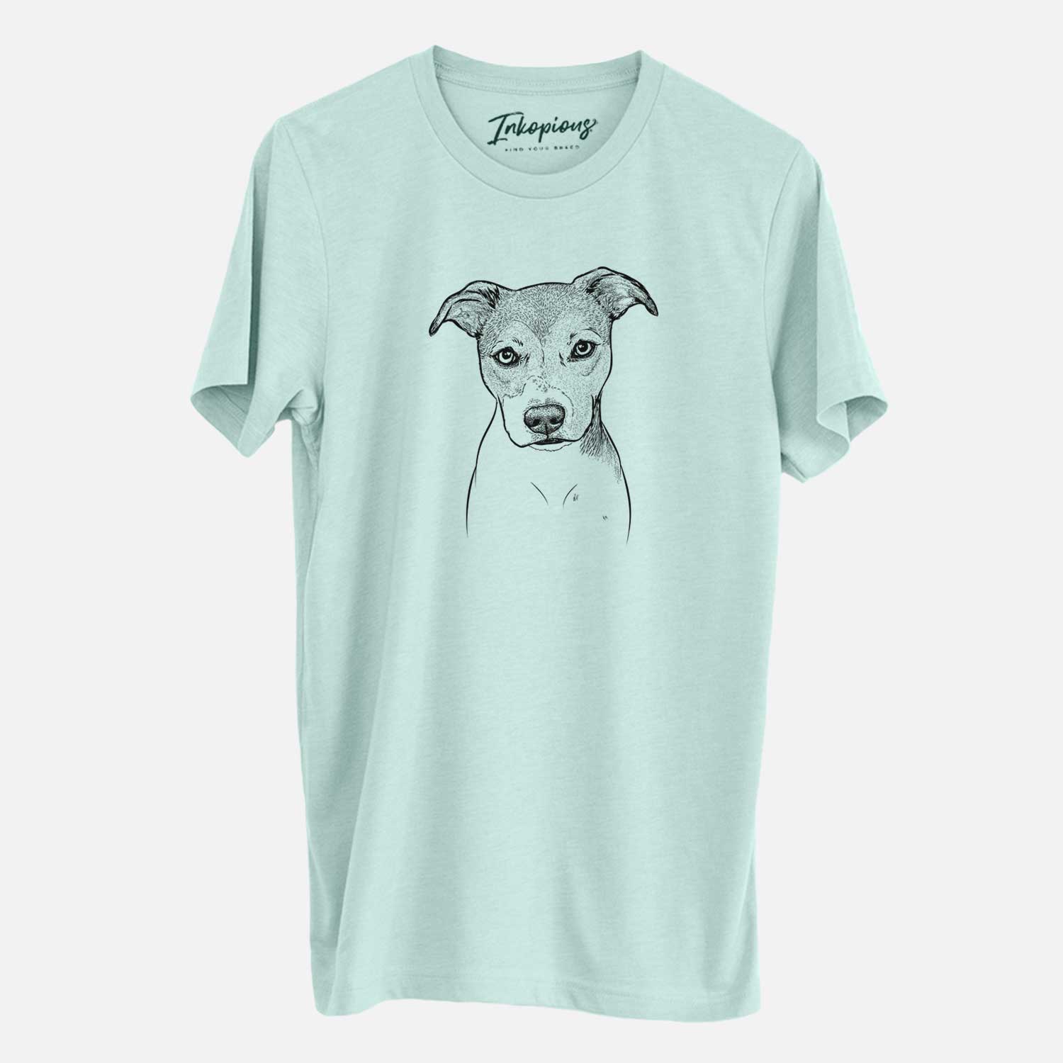 Hand-drawn sketch of Tula the American Staffordshire Terrier Heeler Mix on a Heather Sage Unisex crewneck