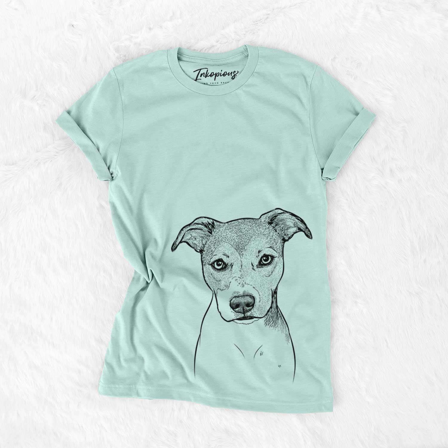 Hand-drawn sketch of Tula the American Staffordshire Terrier Heeler Mix on a Heather Sage Bella Canvas Unisex Crewneck