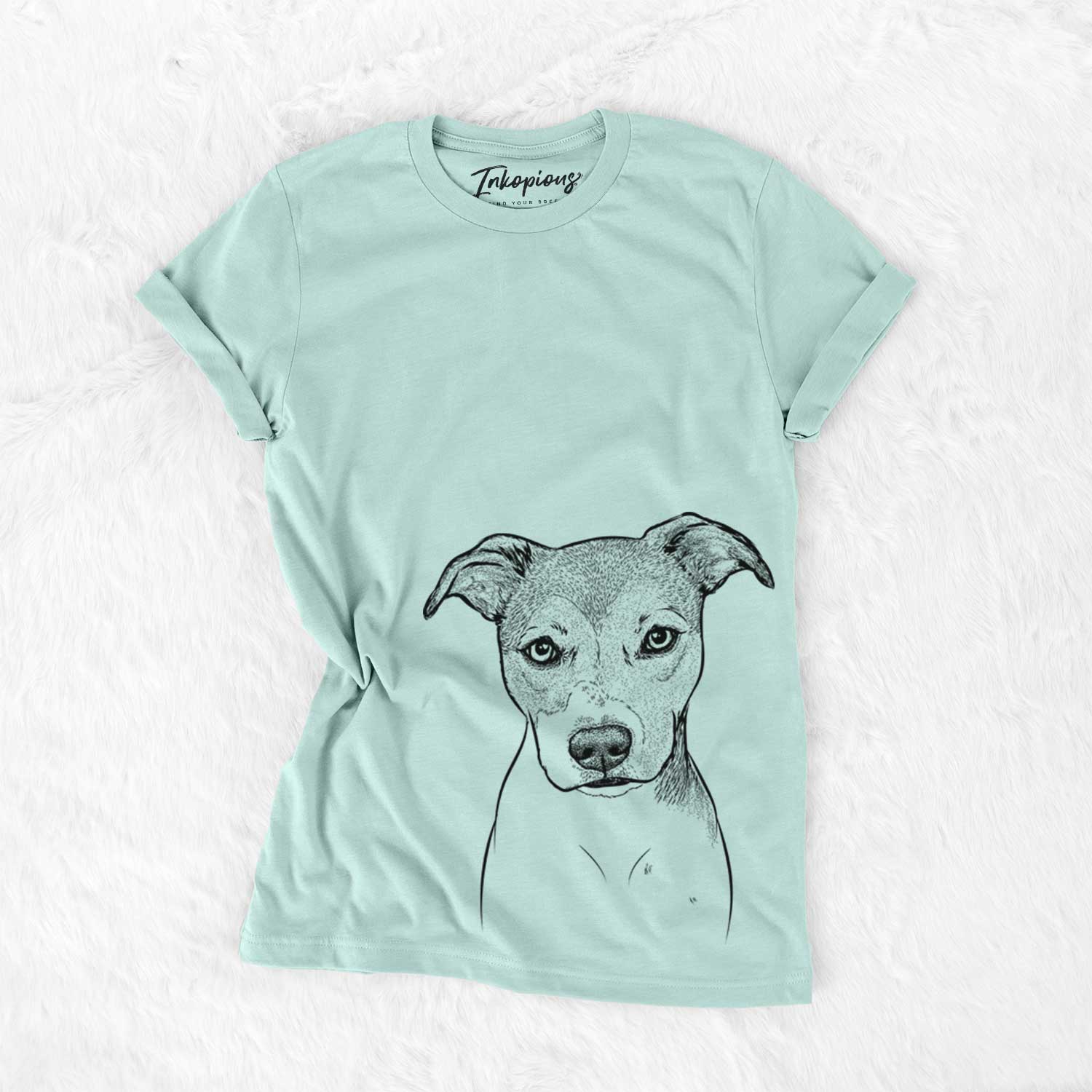 Hand-drawn sketch of Tula the American Staffordshire Terrier Heeler Mix on a Heather Sage Unisex crewneck