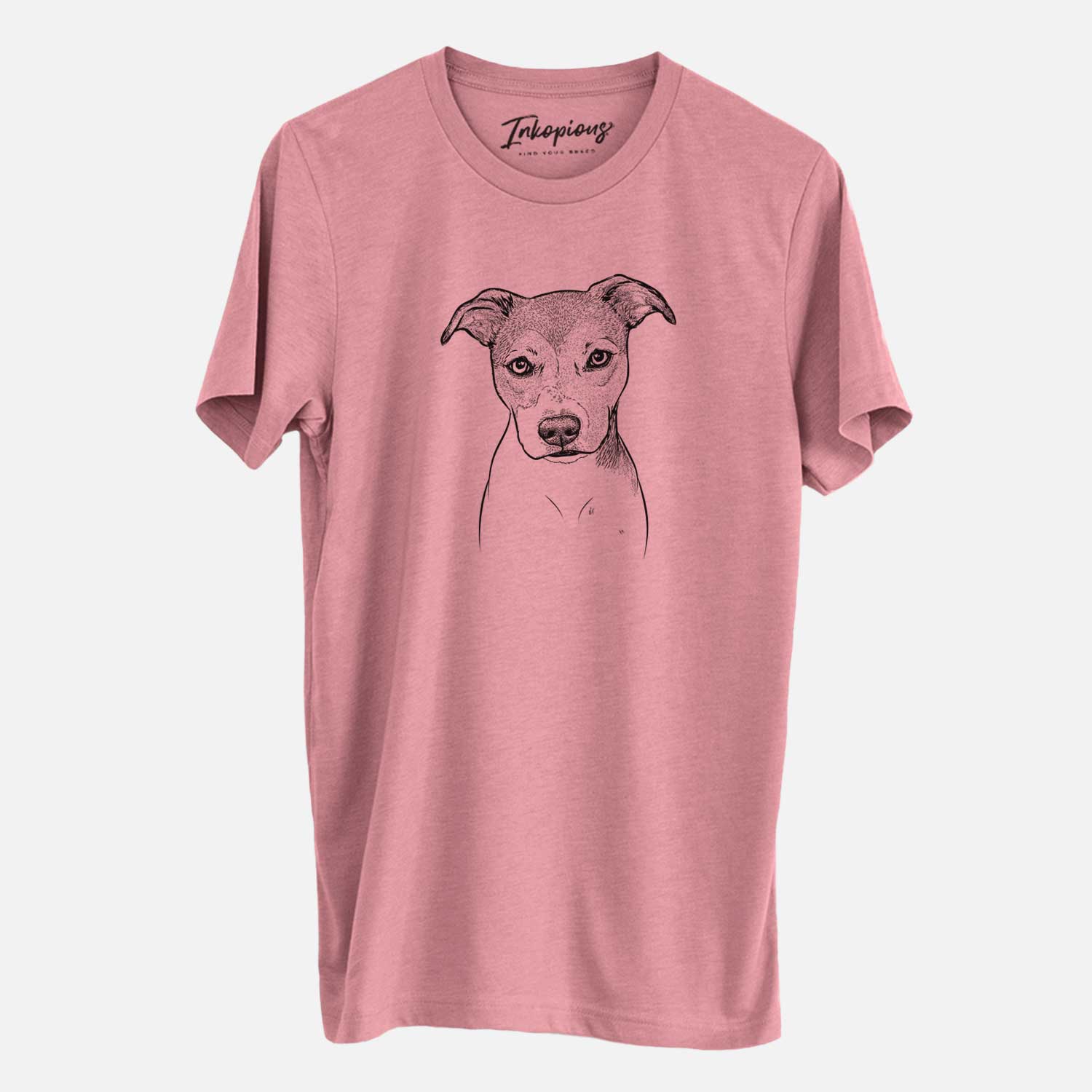 Hand-drawn sketch of Tula the American Staffordshire Terrier Heeler Mix on a Mauve Unisex crewneck