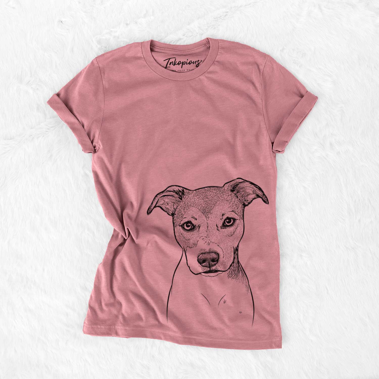 Hand-drawn sketch of Tula the American Staffordshire Terrier Heeler Mix on a Mauve Unisex crewneck