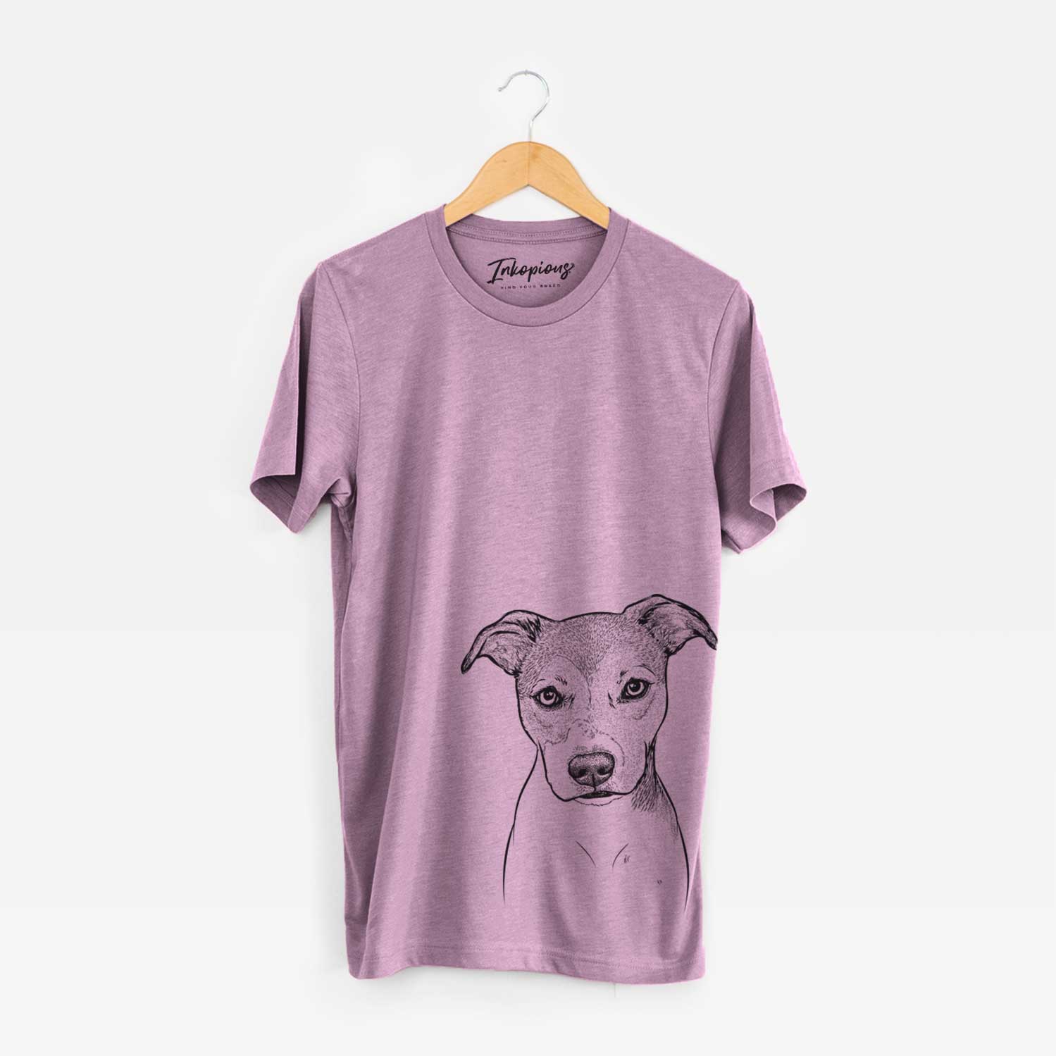 Hand-drawn sketch of Tula the American Staffordshire Terrier Heeler Mix on an Orchid Bella Canvas Unisex Crewneck